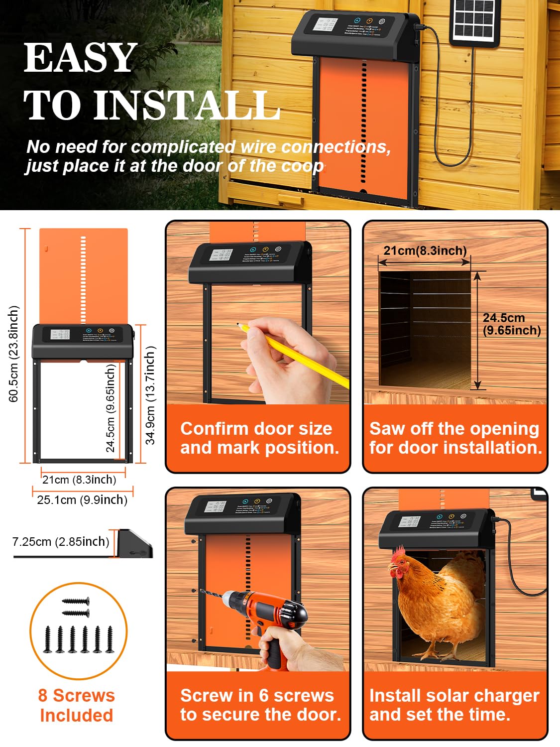 Solar Powered Automatic Chicken Coop Door with Timer - Anti-Pinch Safety Design, Durable Aluminum Construction, Solar Panel Charging (Black-Orange) | Perfect for Poultry Farming, Backyard Chicken Keeping & Secure Coop Access