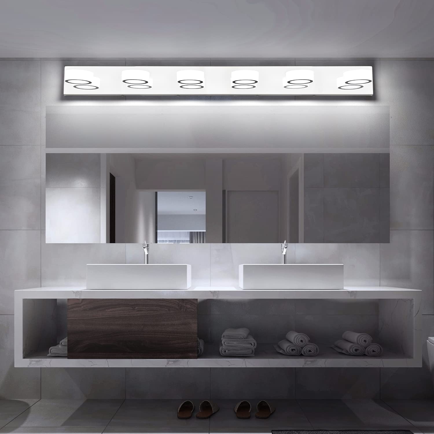 SOLFART Modern Bathroom Vanity Light - 44.9 Inch Gloss Chrome Stainless Steel LED Mirror Light with Rotating Round Acrylic Bars (6 Lights) - Perfect for Bathroom Makeup, Shaving & Decor Lighting