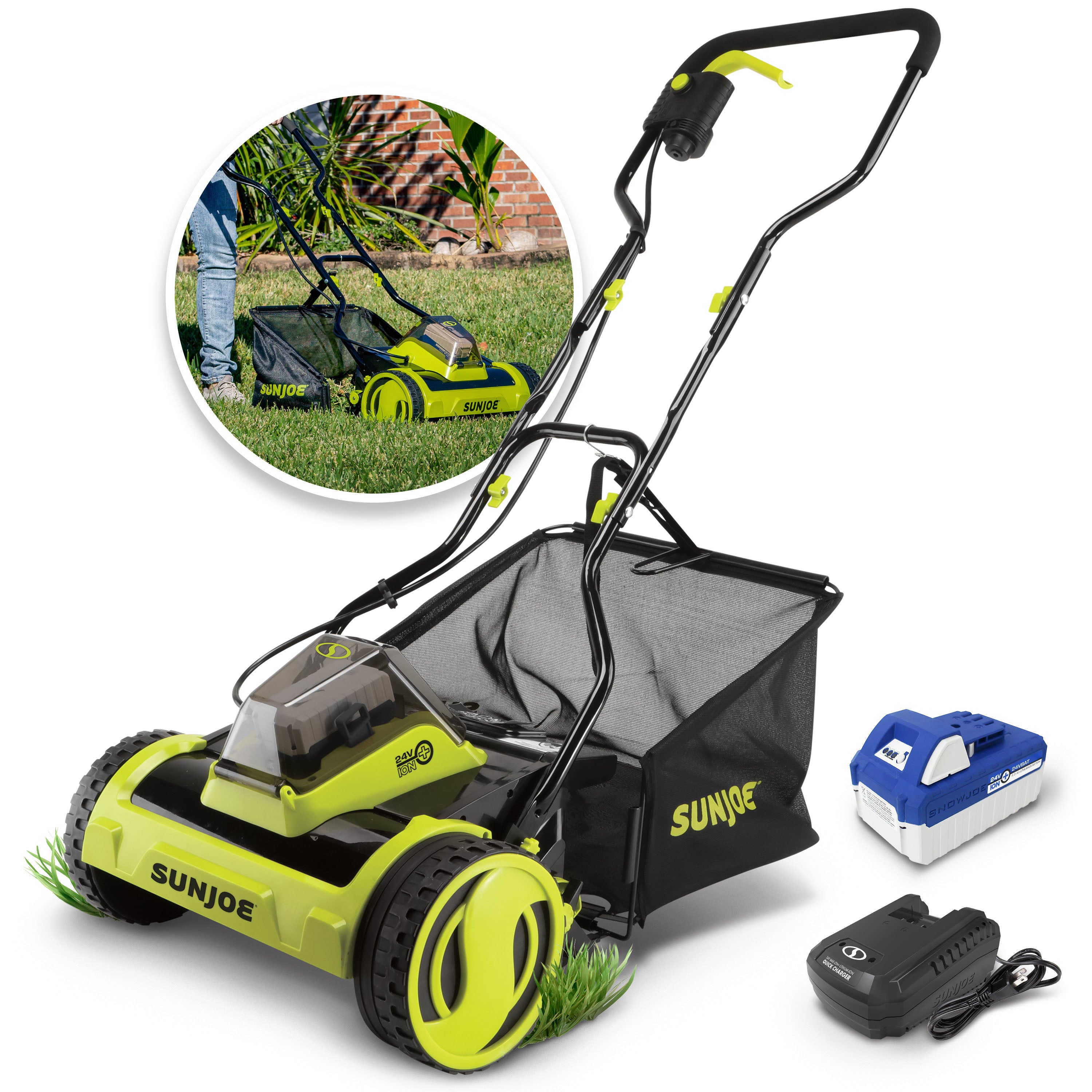Sun Joe 24V CRLM15 15-Inch Cordless Push Reel Lawn Mower with 4.0Ah Battery & Charger | 24 Volt Lithium-Ion | Grass Collection Bag Included | Perfect for Small to Medium Yards & Eco-Friendly Lawn Care