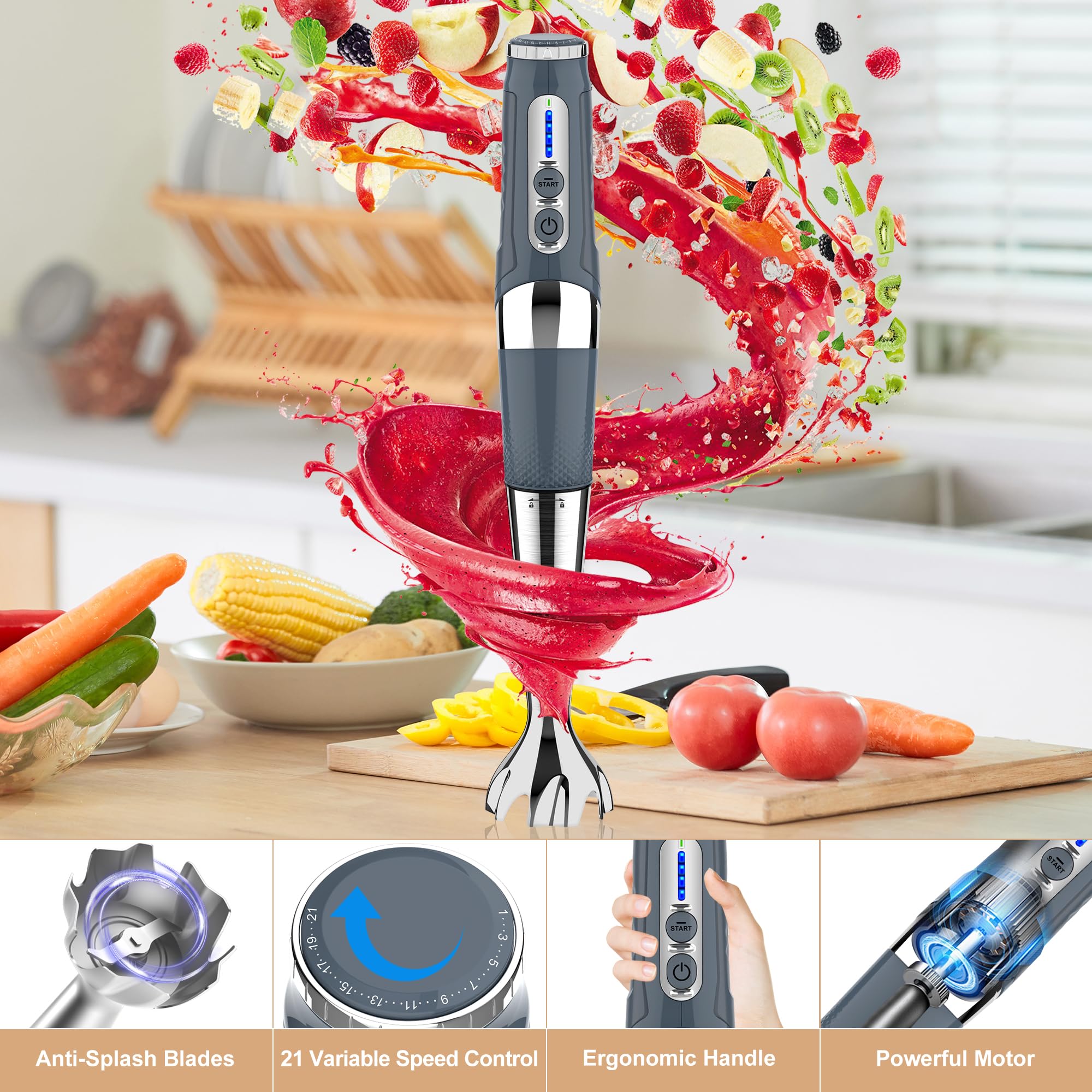 4-in-1 Cordless Immersion Blender - 21 Speed Rechargeable Hand Blender with 700ml Chopper, Beaker, Egg Whisk & Beater - Perfect for Smoothies, Soup, Baby Food & Baking - Adjustable 3-Angle Design (Grey)