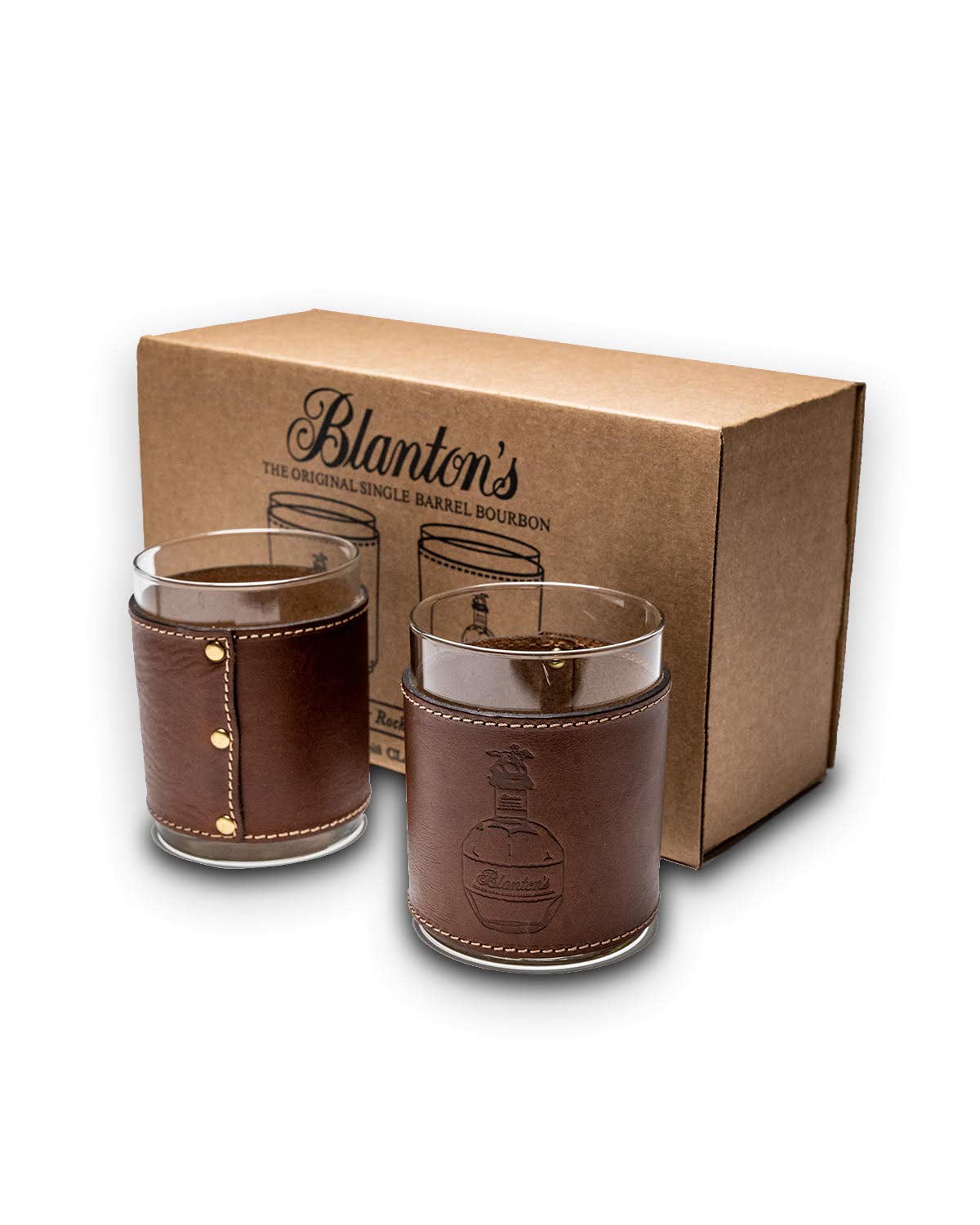 Blanton's Handmade Leather-Wrapped Whiskey Glasses Set with Gift Box - Perfect for Bourbon Tasting, Home Bar Decor & Luxury Gifts