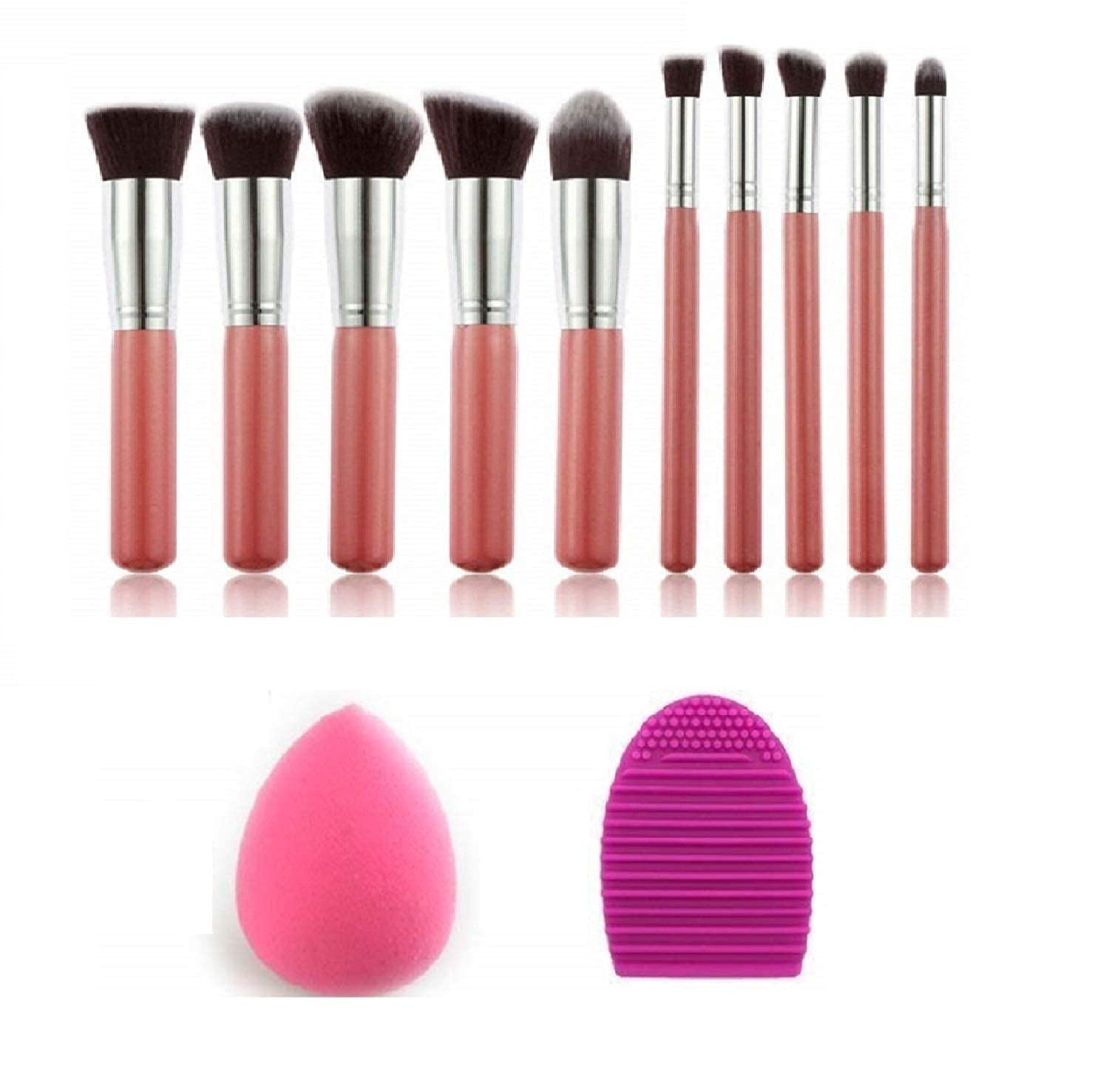 Quenchua 10-Piece Professional Makeup Brush Set with Sponge Puff & Brush Cleaner - Soft Pink Makeup Brushes for Foundation, Blending, Contouring | Perfect for Home & Professional Makeup Artists