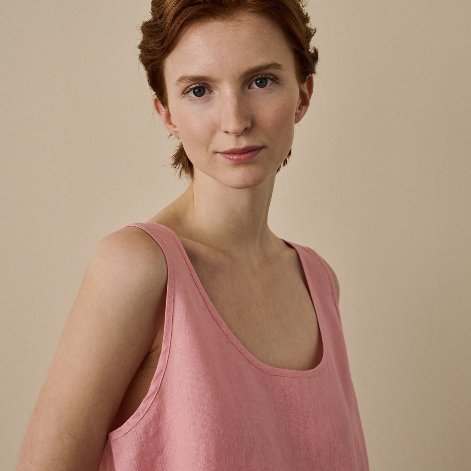 Pink Bloom Linen Tencel Cami Top - Women's Summer Sleeveless Blouse for Casual Wear & Beach Outfits