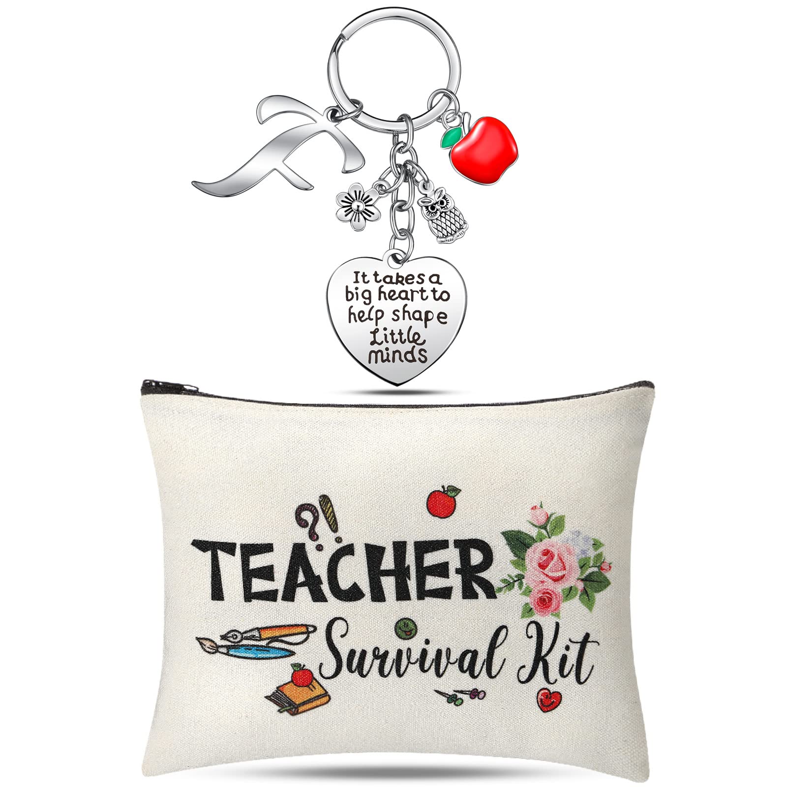 Personalized Teacher Appreciation Gift Set - Custom Initial Keychain & Thank You Makeup Pouch Bag (F Style) | Perfect for End of Year, Christmas, Teacher's Day & Retirement Gifts