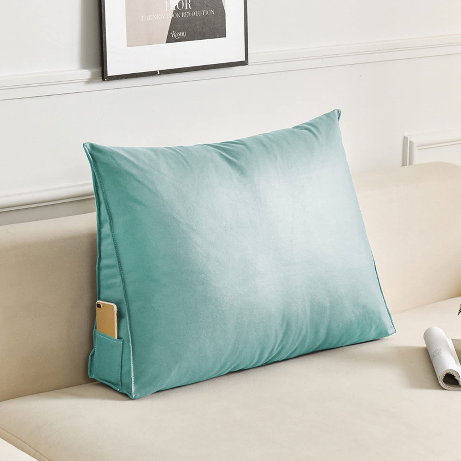 Wedge Back Cushion for Back Pain Relief - Faux PU Leather Lumbar Support Pillow with Pockets - Reading & Sitting Pillow for Bed, Couch, Office Chair - Ideal for Home, Office & Car Use