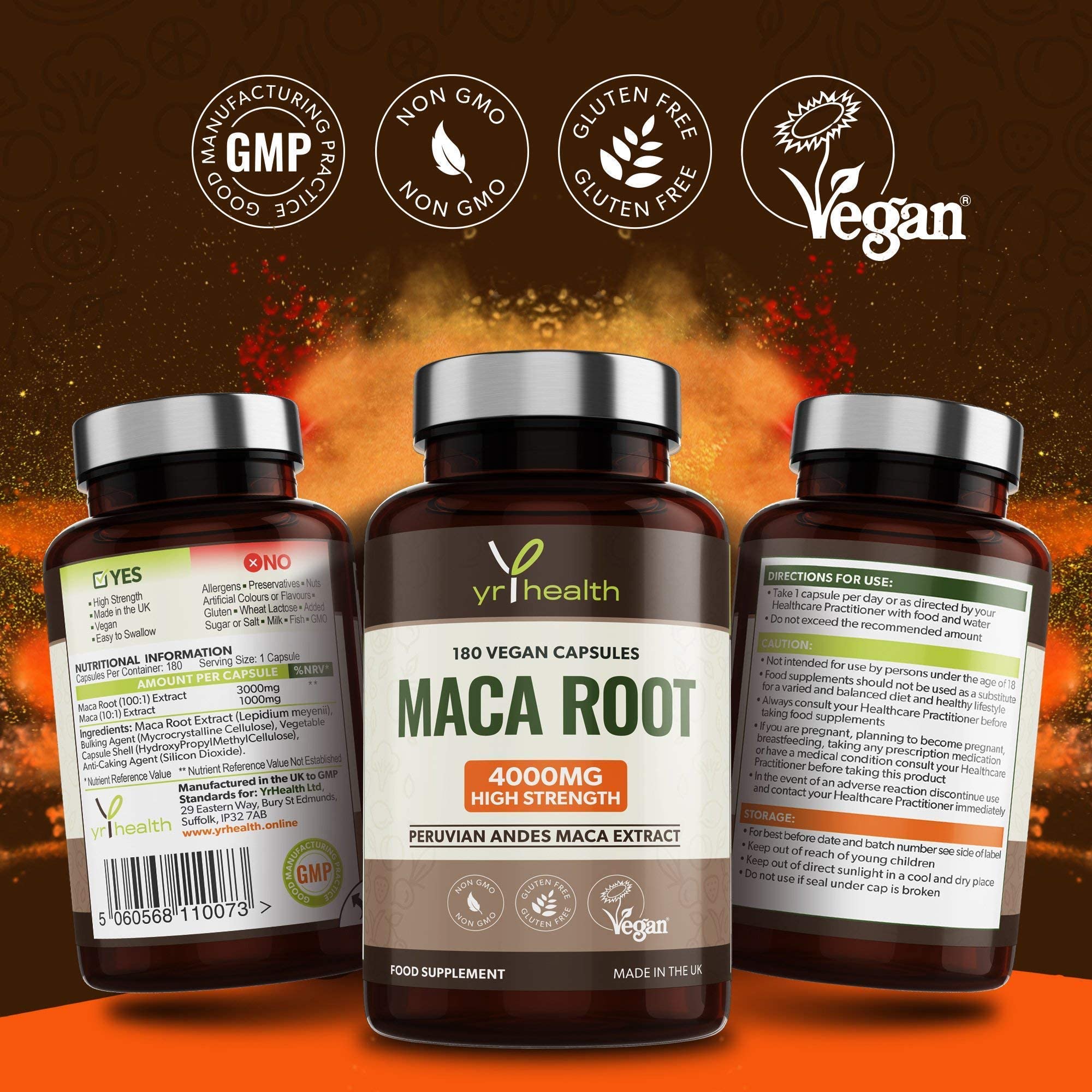 4000mg Maca Root Capsules - 180 Vegan High Strength Peruvian Black Maca Extract Pills for Energy & Libido Boost | Natural Sexual Health Supplement for Men & Women | Made in UK by YrHealth | Supports Stamina, Fertility & Hormonal Balance