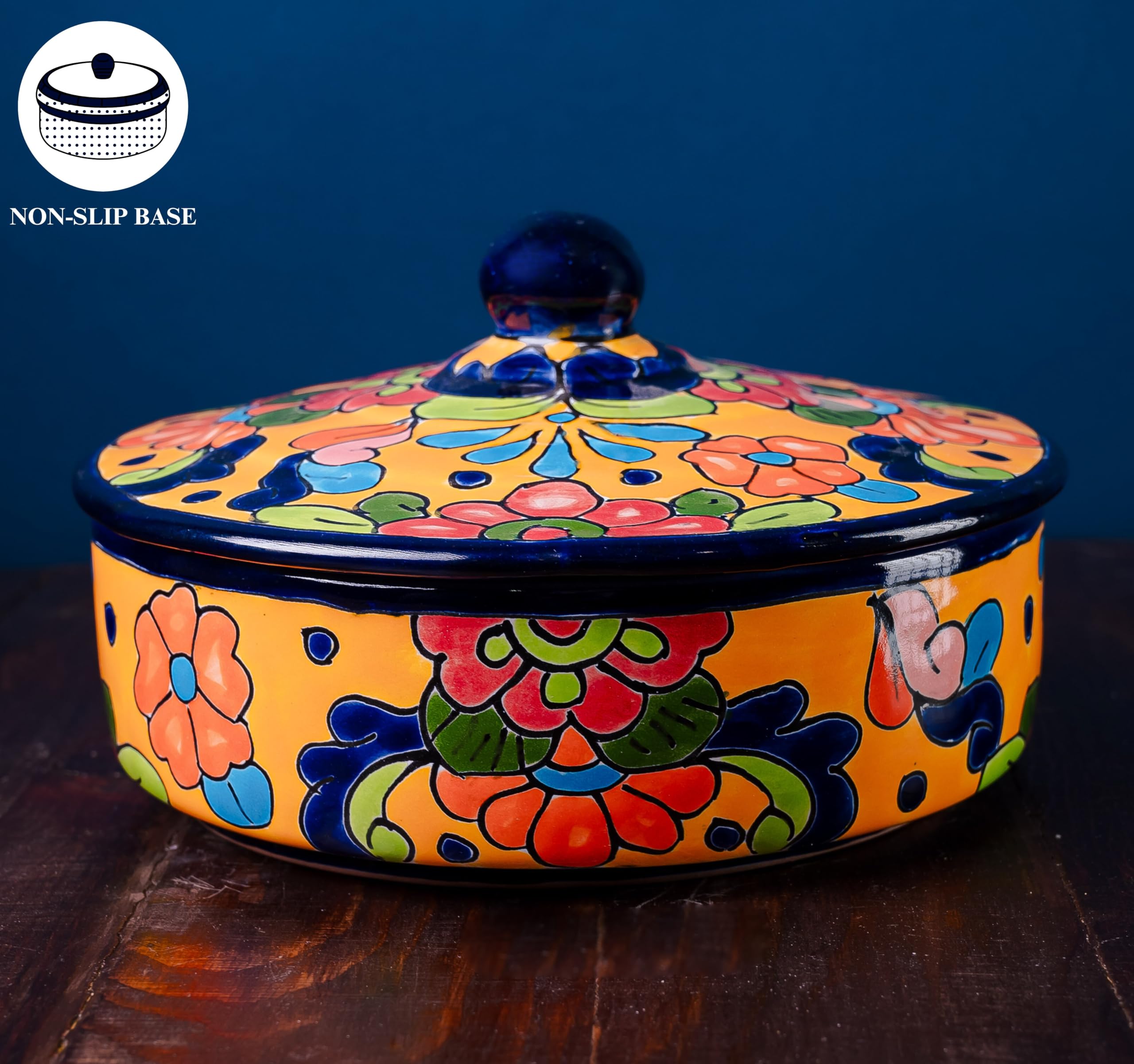 Hand Painted Ceramic Talavera Tortilla Warmer with Lid - Authentic Mexican Artisan Tortilleros - Perfect for Keeping Tortillas Warm at Dinner Parties & Family Gatherings (Marigold Design)