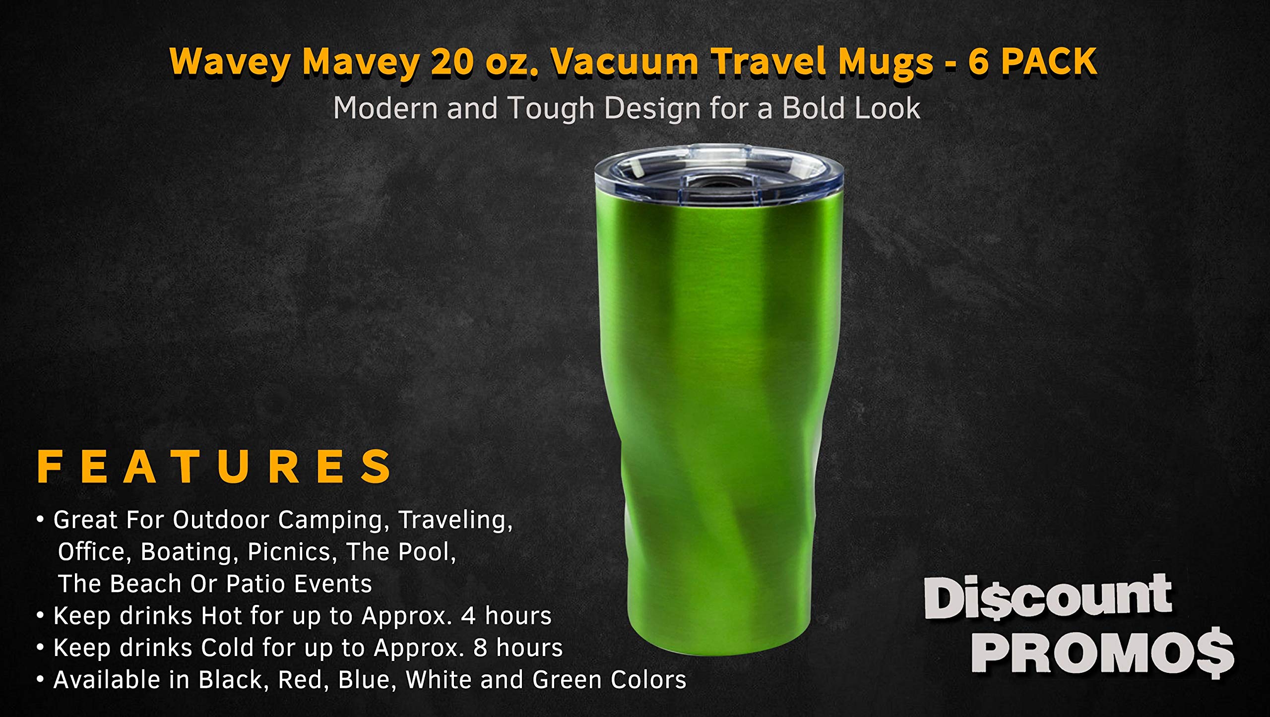 Wavey Mavey 20 oz Vacuum Insulated Travel Mugs 6-Pack - Green | Leak-Proof Stainless Steel Coffee Tumblers for Hot & Cold Drinks | Perfect for Commuting, Camping & Office Use