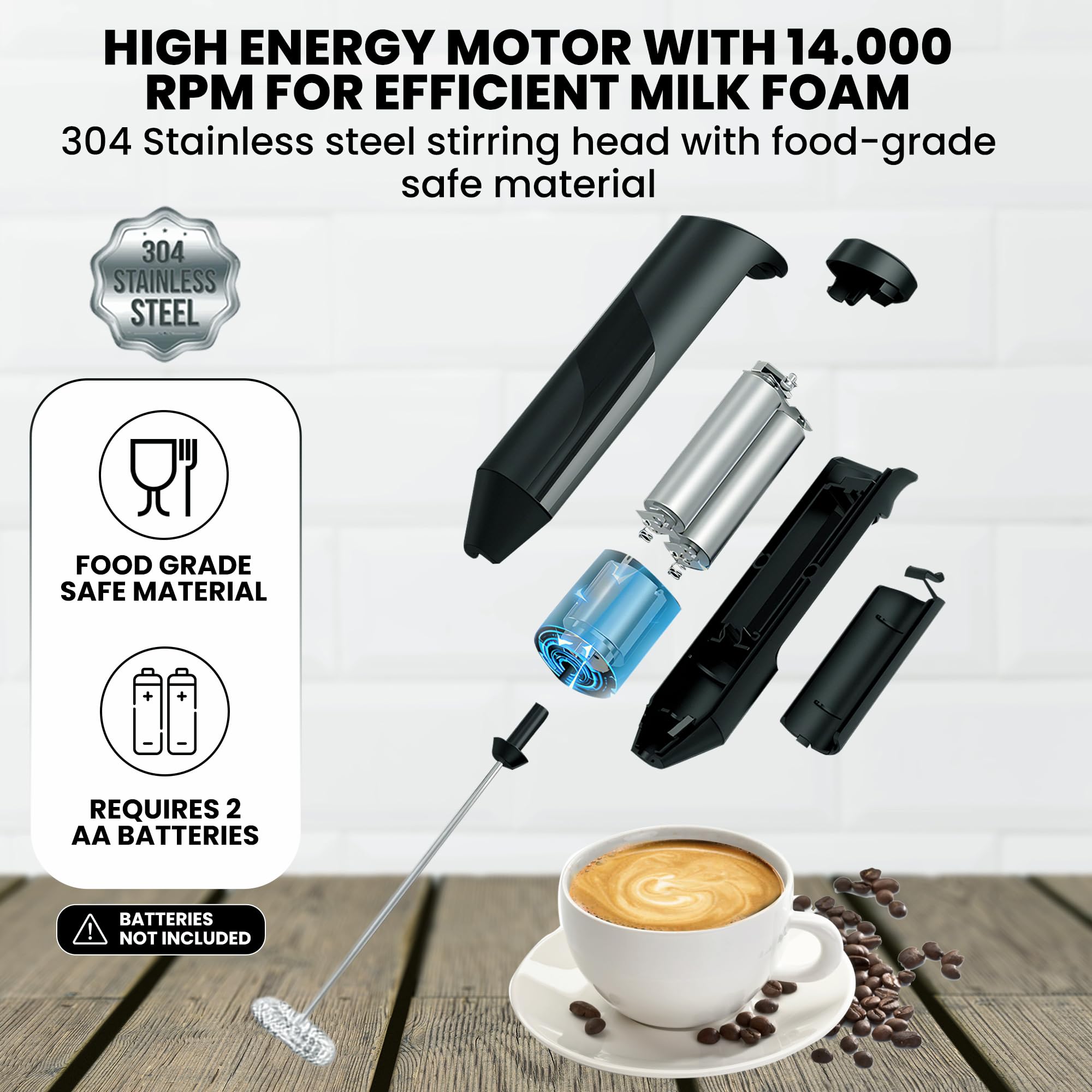 Electric Milk Frother Wand with Stand - Battery Operated Handheld Drink Mixer for Coffee, Latte & Cappuccino - Perfect for Home, Office & Cafe Use