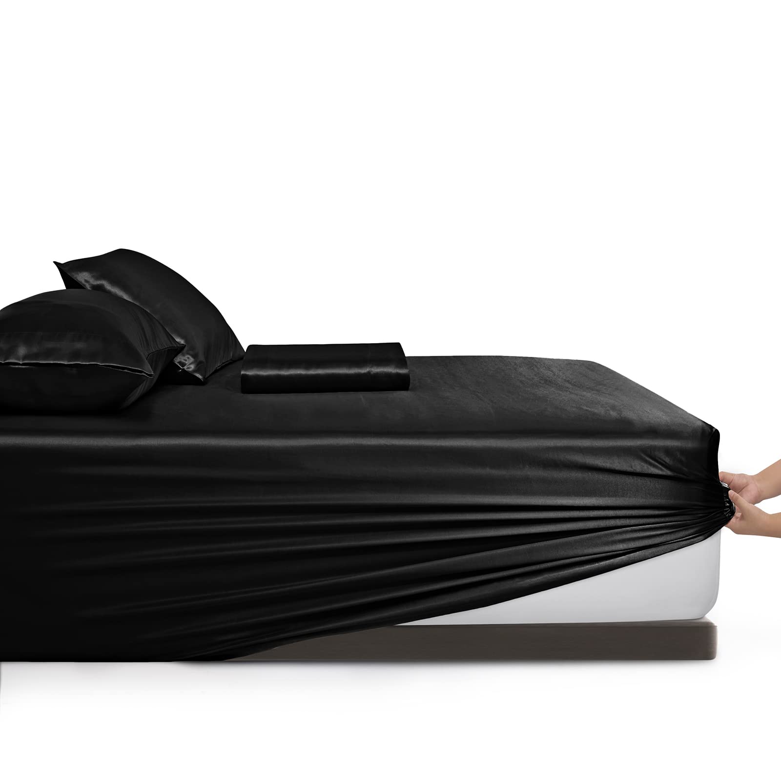 Vonty Cooling Satin Queen Sheet Set - 4 Piece Extra Deep Pocket (18-24 Inch) Silky Soft Bed Sheets for Queen Size Mattress | Breathable & Luxurious Black Satin Bedding for All Seasons - Perfect for Hot Sleepers, Master Bedrooms & Guest Rooms