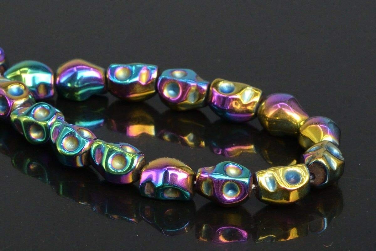KapOD 8MM Rainbow Hematite Skull Beads - AAA Grade Natural Gemstone Loose Beads (7.5 Inch) for Jewelry Making, DIY Crafts & Spiritual Healing