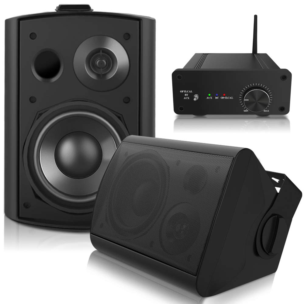 Pohopa 5.25 Inch Outdoor Bluetooth Speakers with Stereo Amplifier - All-Weather Waterproof Wireless Speakers for Patio, Garden, Pool - Wide Sound Coverage & Speed-Lock Mounting System (Black)
