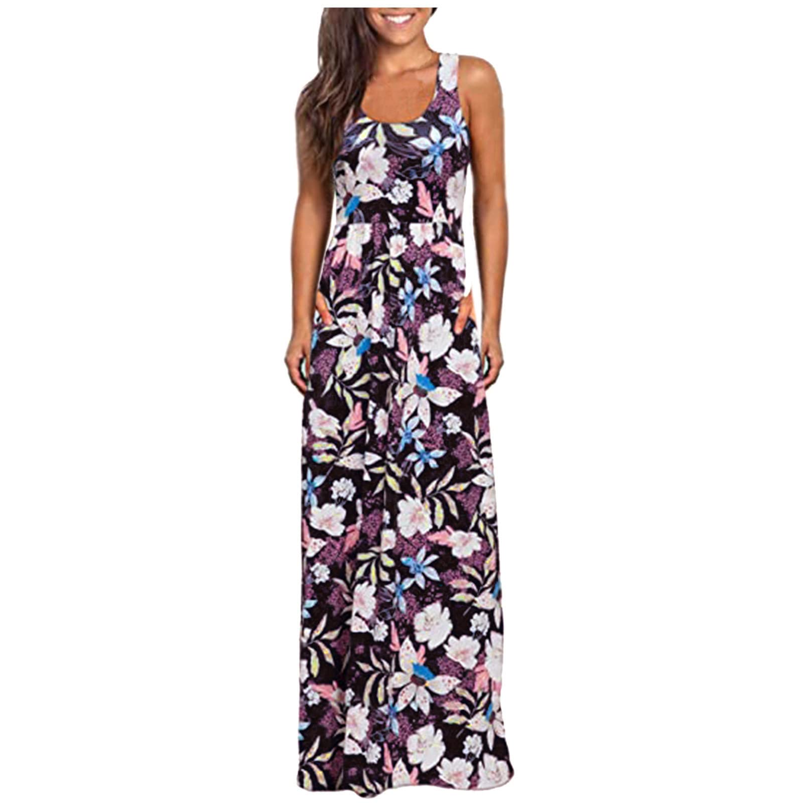 Women's Floral Print Sleeveless Maxi Dress with Pockets - Casual Loose Beach Dress for Summer Vacation, Pool Party & Outdoor Activities