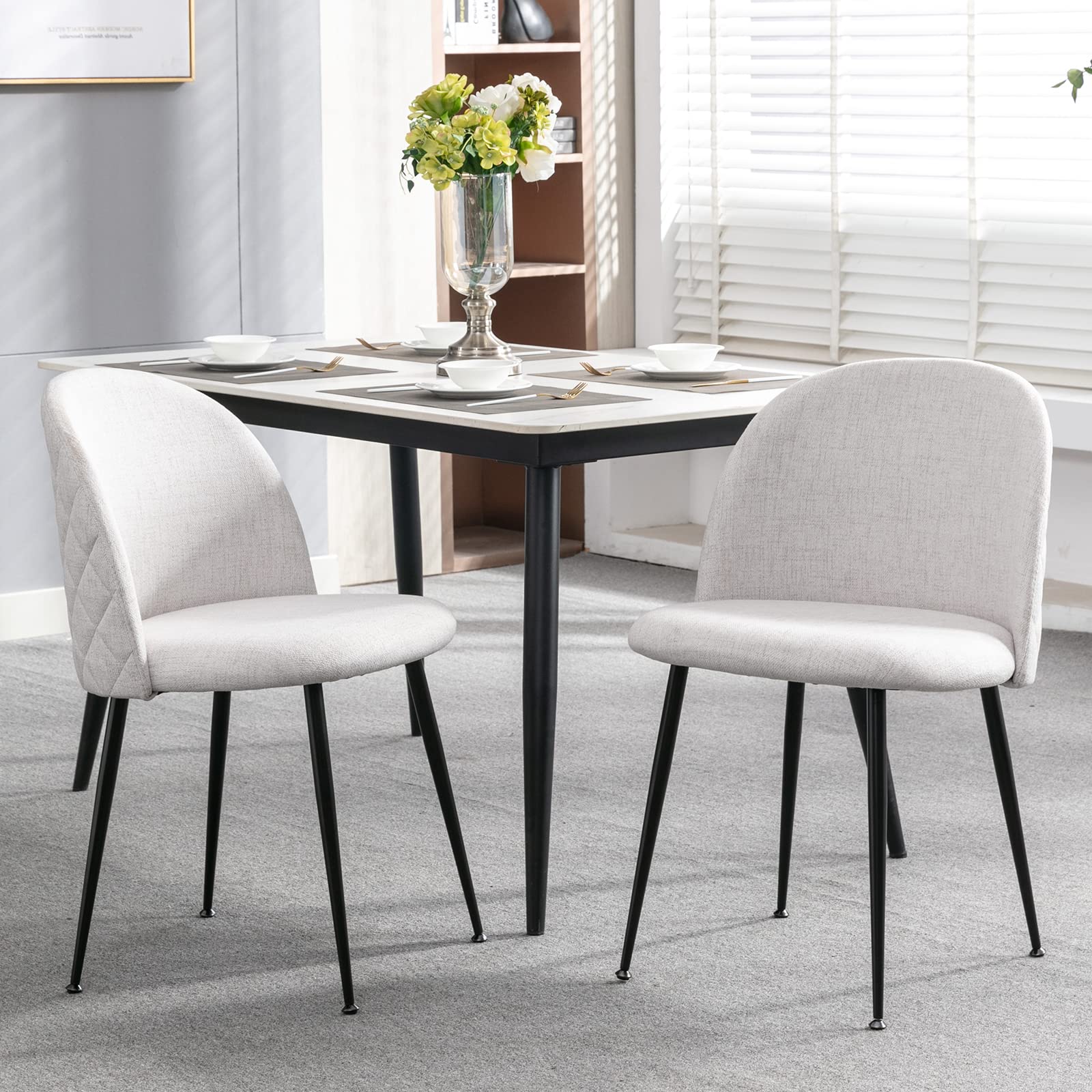 Modern Dining Chairs Set of 2 - Upholstered Linen Armless Side Chairs with Black Legs & Curved Back, Tufted Accent Chairs for Kitchen, Dining Room, Living Room, Restaurant or Office - Beige Home Decor for Comfortable Seating & Stylish Interior Design