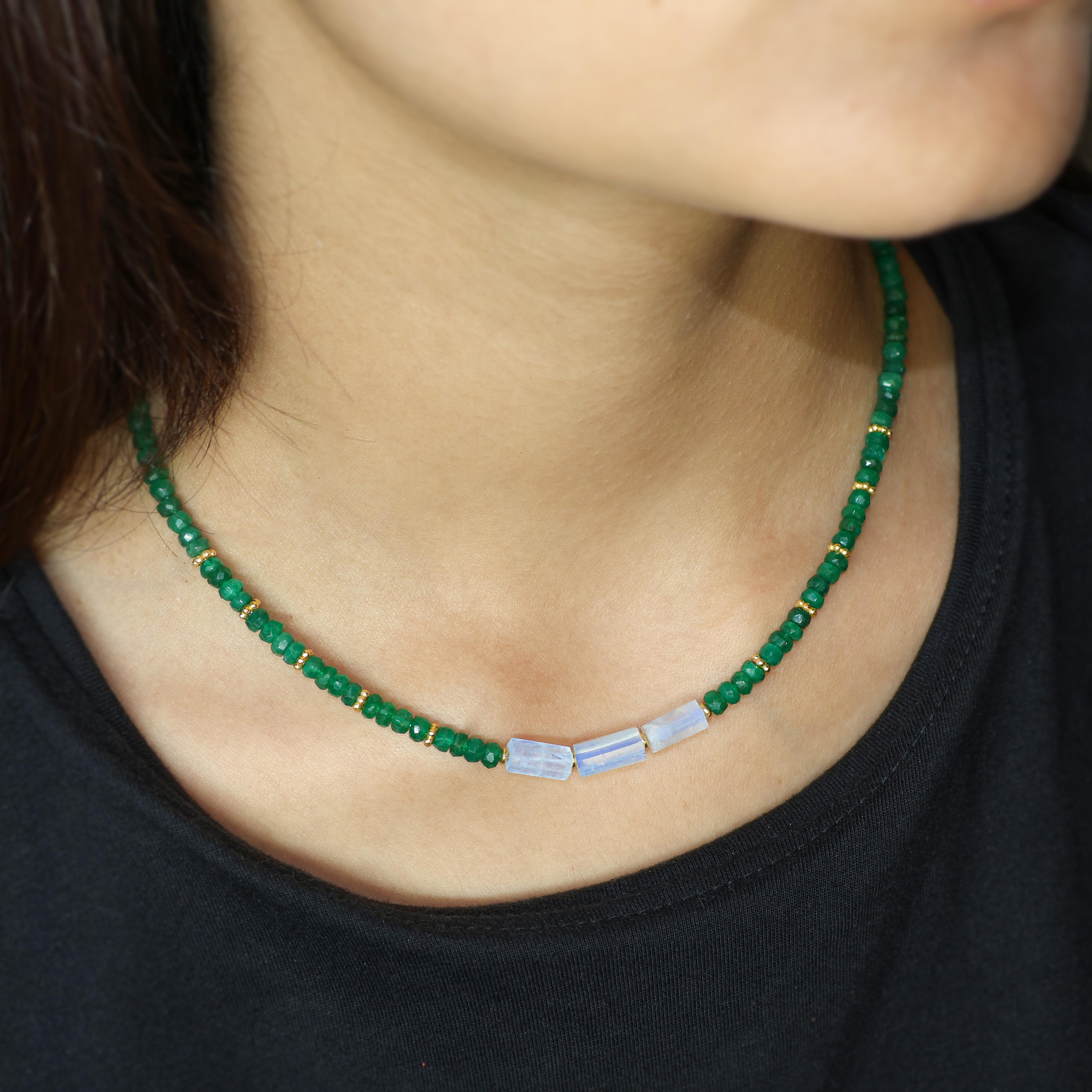 White Rainbow Moonstone Pencil Necklace with Emerald Beads - Elegant Gemstone Jewelry for Women, Perfect for Weddings, Parties & Everyday Wear