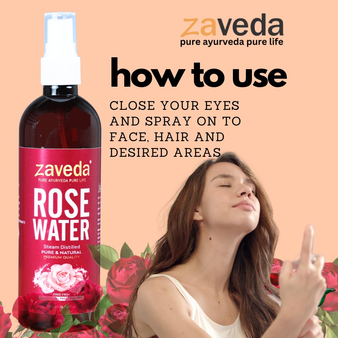 ZAVEDA Pure & Natural Rose Water Facial Mist 200ml | Organic Steam Distilled Rosewater Toner | Chemical-Free Gulab Jal for Hydrating & Refreshing Skin | Perfect for Daily Skincare, Makeup Setting & After Sun Care