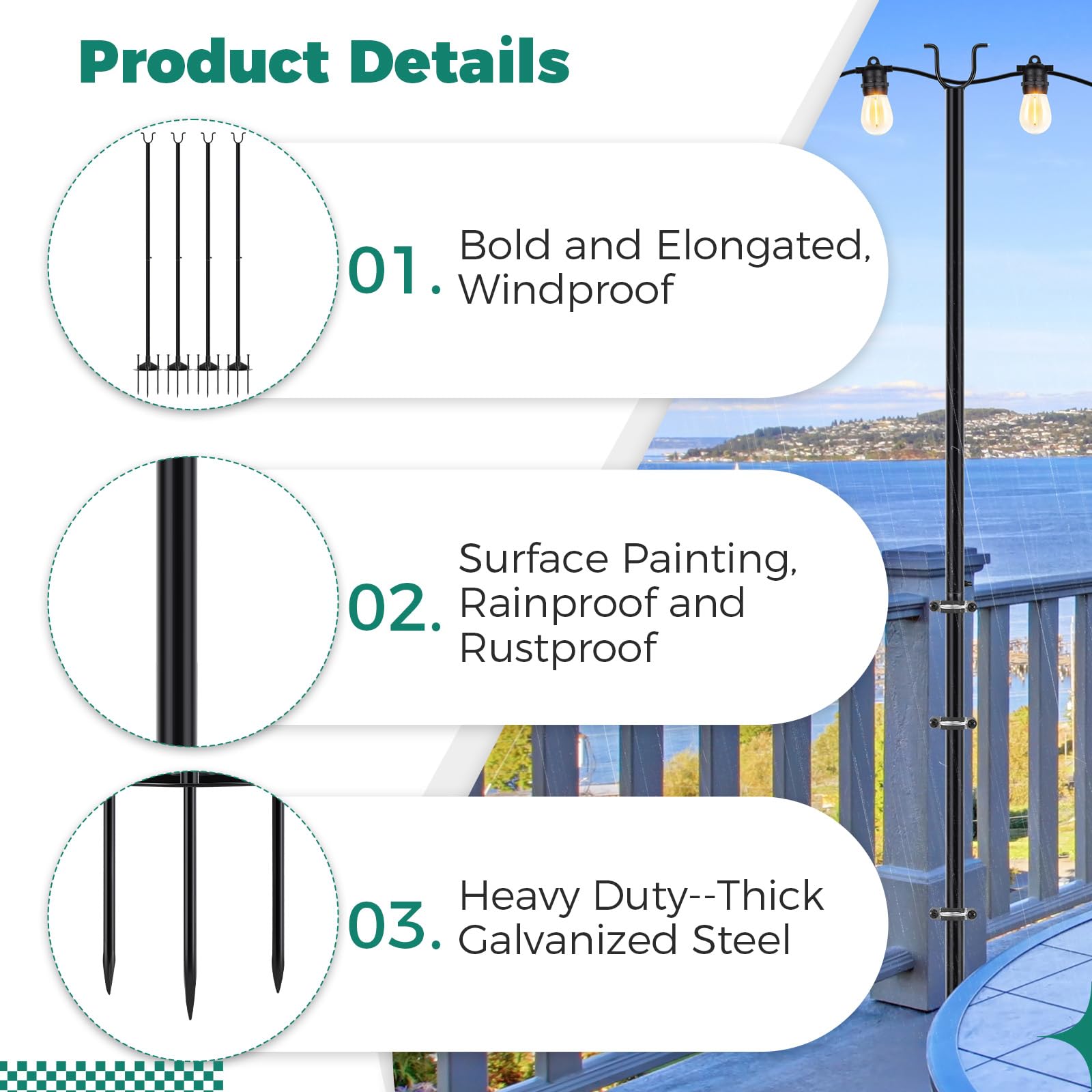 PULLAFUN 8 Pack 11FT Outdoor String Light Poles - 4-in-1 Hanging Stand for Patio, Garden, Bistro, Wedding & Party Decor (Black) | Perfect for Backyard, Deck & Outdoor Lighting