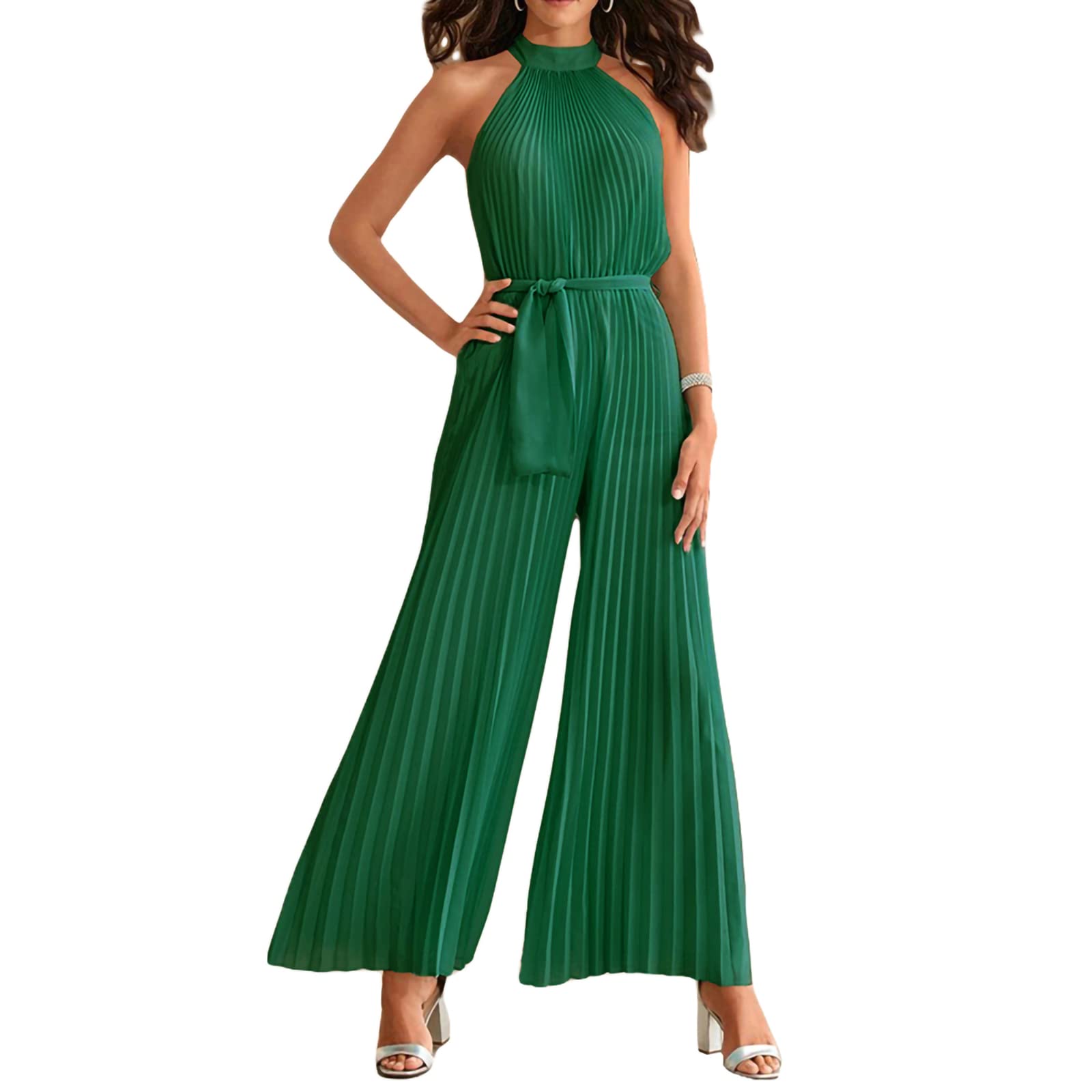 Women's Solid Color Bow Neck Halter Jumpsuit - High Waist Sleeveless Pleated Wide-Leg Romper with Belt | Summer Beach Party, Vacation Outfit, Casual Wear, Date Night Dress