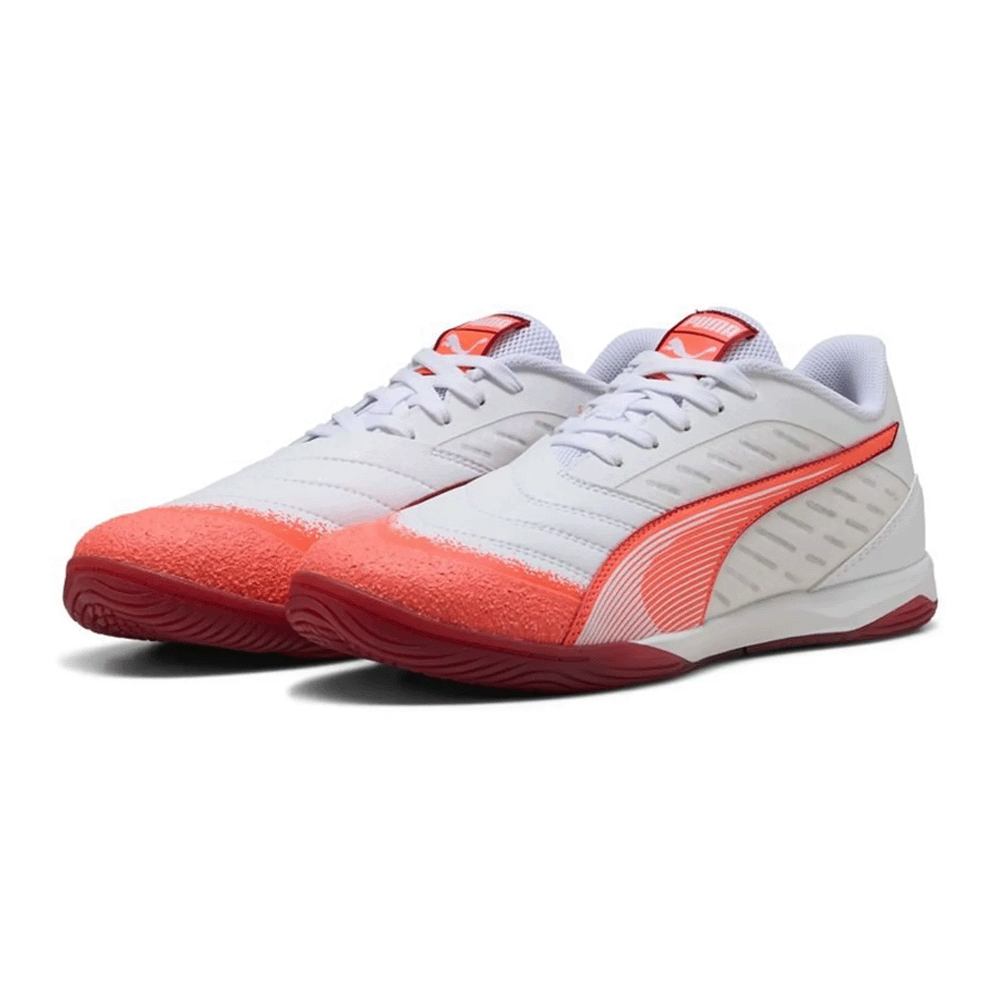 Puma Ibero IV IN Football Cleats for Men - White/Glowing Red/Dark Crimson Soccer Shoes | Lightweight & Durable for Turf & Artificial Grass Fields
