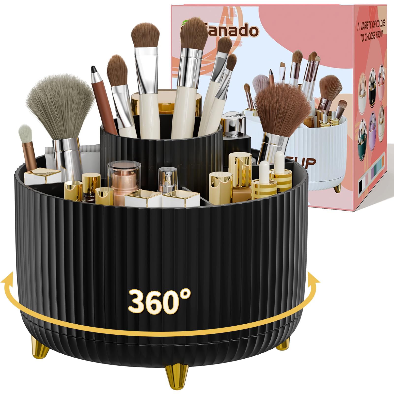360° Rotating Makeup Brush Holder Organizer - Countertop Cosmetic & Skincare Storage with Gift Box - Perfect for Vanity, Desktop, Bathroom (Black) - Ideal for Organizing Brushes, Lipsticks & Beauty Tools