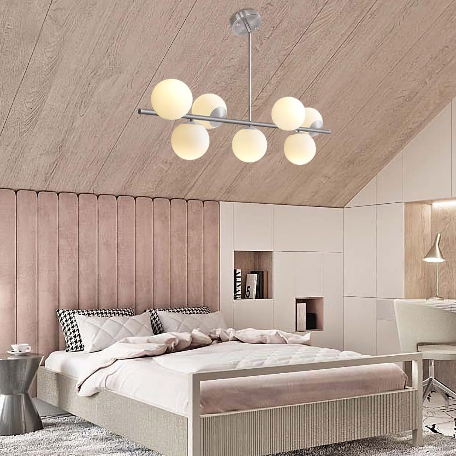 Modern Silver Sputnik Chandelier with Frosted White Glass Globes - Adjustable Pendant Ceiling Light for Dining Room, Living Room, Kitchen | Elegant Lighting Fixture for Home Decor & Interior Design