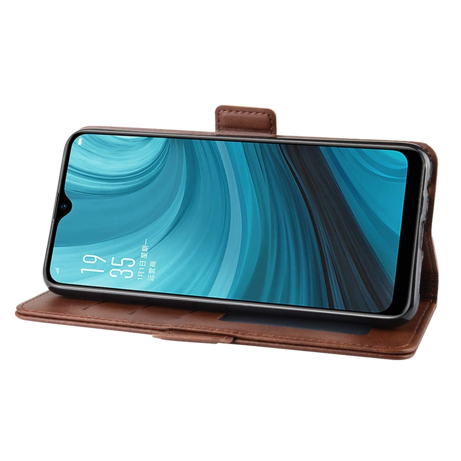 Oppo A7 / AX7 Leather Phone Case with Card Holder & Wallet Function - Double Buckle Business Holster Cover (Brown) | Perfect for Work, Travel & Daily Use