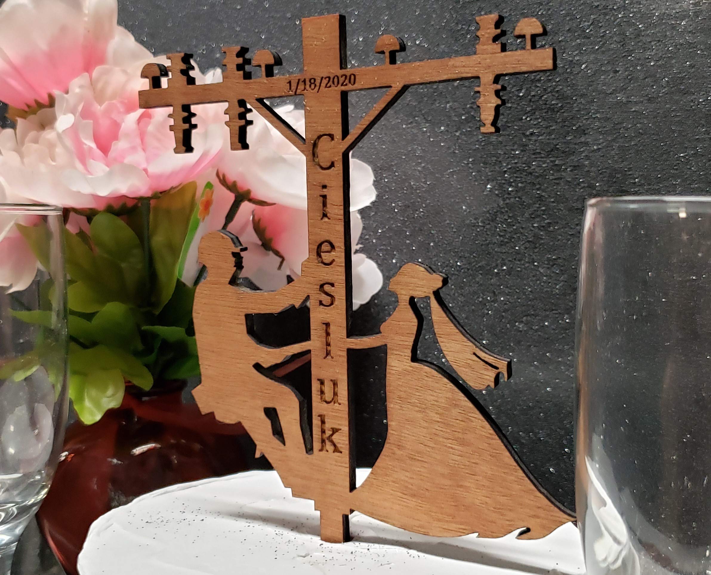 Personalized Lineman Wedding Cake Topper with Custom Name & Date - Unique Wireman & Linesman Cake Decoration for Electrician Couples - Perfect for Wedding, Anniversary & Electrical Trade Celebrations
