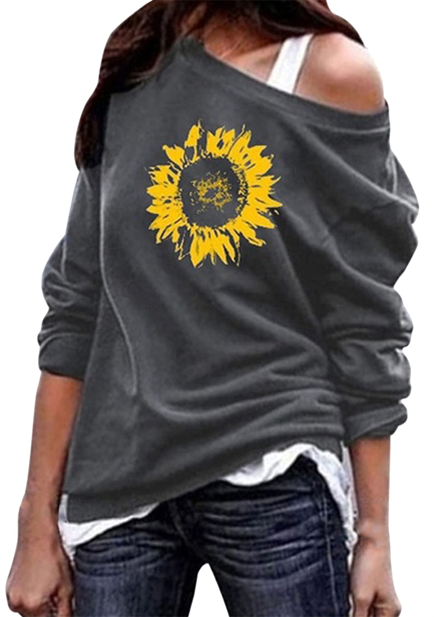 YMING Women's Off Shoulder Sunflower Print Sweatshirt - Casual Long Sleeve Pullover Tops - Plus Size Flowy Blouse for Summer Outings & Beach Vacations