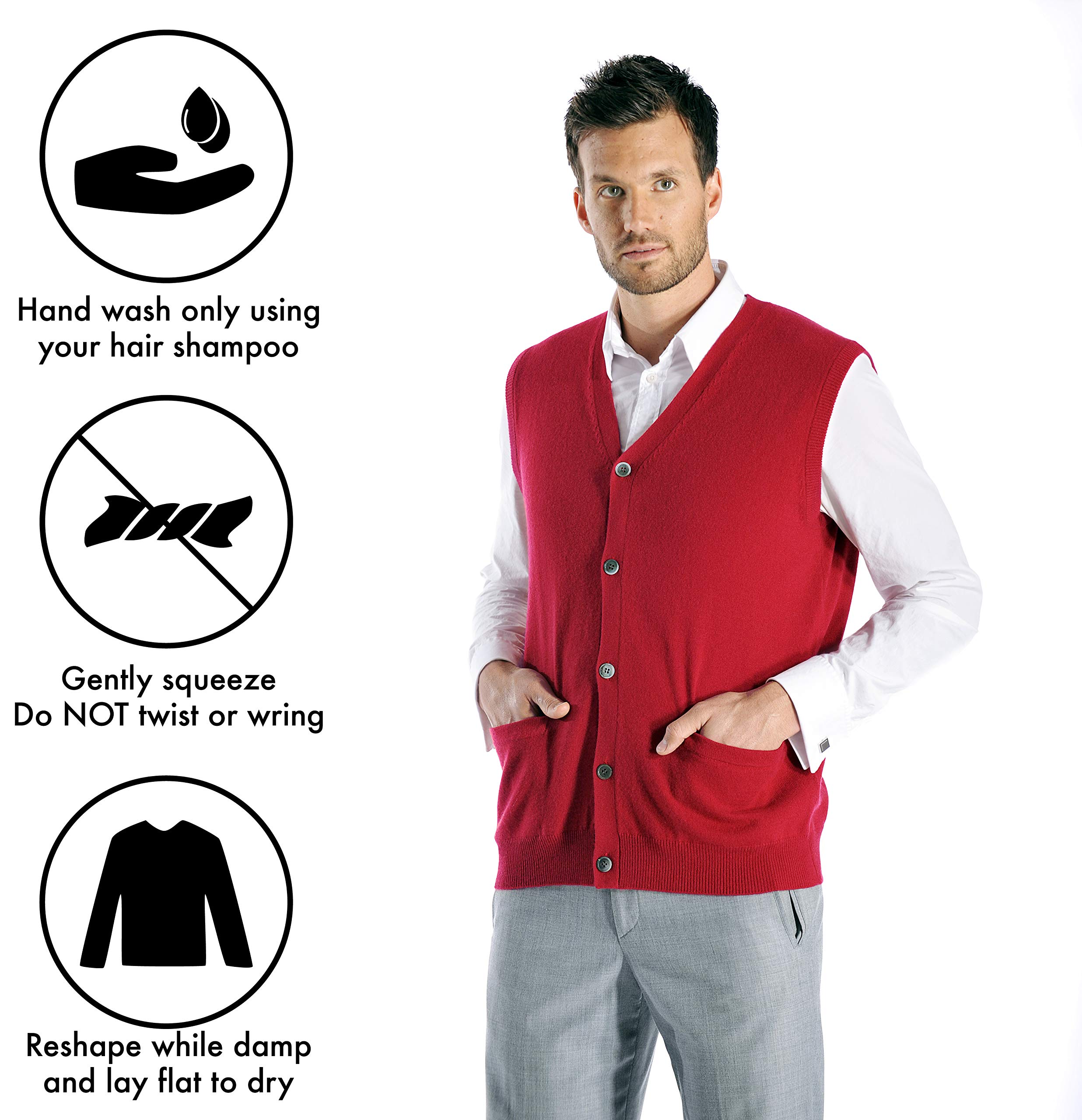 100% Pure Cashmere Men's Sleeveless Vest Cardigan - V-Neck Button Down Sweater with 2 Front Pockets | Soft & Warm Winter Layering Piece for Office, Travel & Casual Outfits