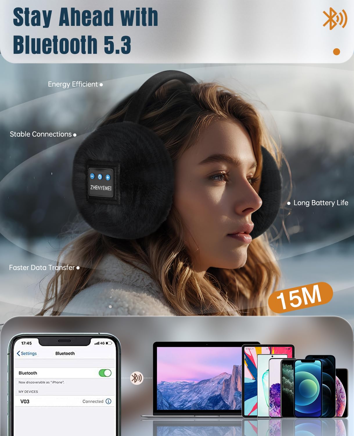 Wireless Bluetooth Ear Muffs for Winter - HD Sound & Built-in Mic - Warm Headphones for Men & Women - Perfect for Skiing, Running & Outdoor Activities