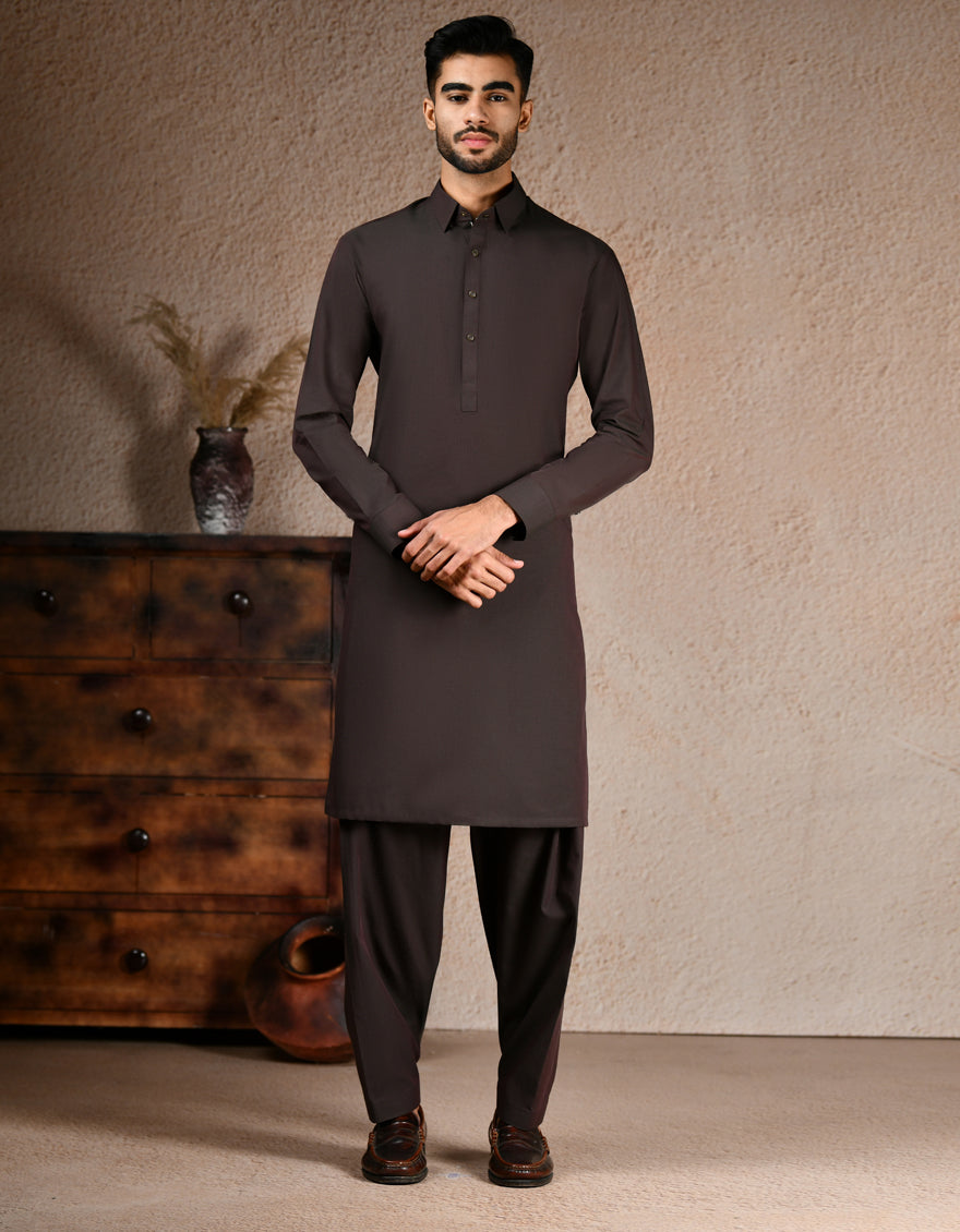 Stylish Blended Brown Shalwar Kameez by J. Junaid Jamshed - Premium Pakistani Traditional Outfit for Men - Perfect for Eid, Weddings & Special Occasions