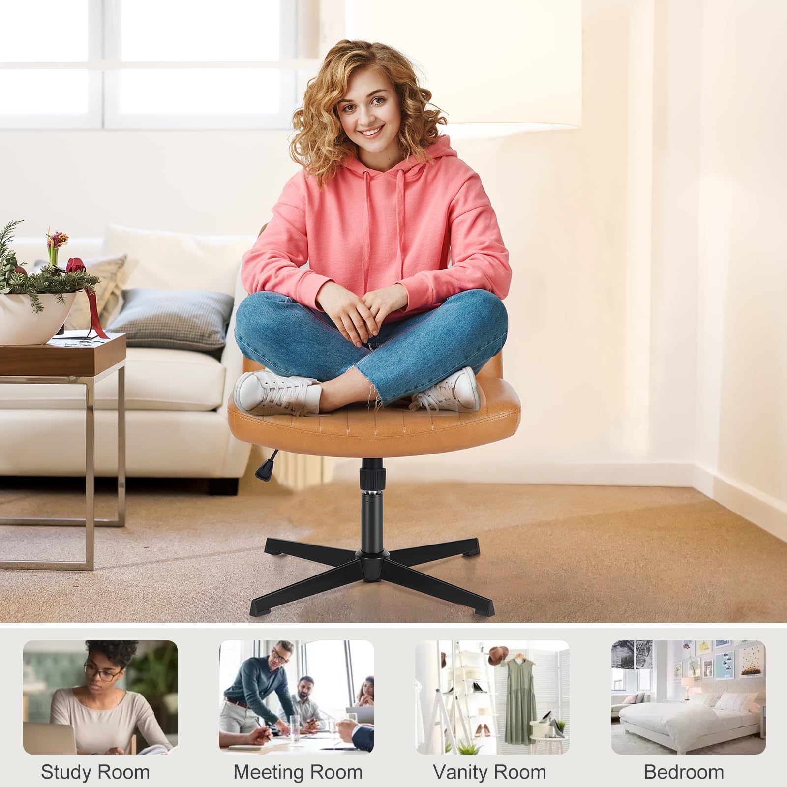 Sweetcrispy Cross Legged Office Chair - Armless Wide Desk Chair Without Wheels, Adjustable Swivel Home & Vanity Chair for Small Spaces | Perfect for Home Office, Study Room, Dormitory & Makeup Station