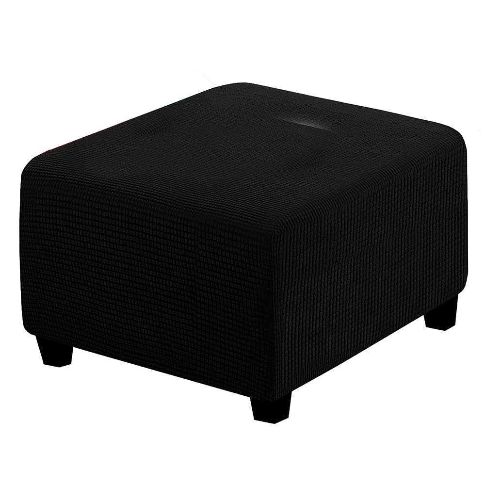 XMNTG Stretch Ottoman Slipcover - Jacquard Small Checked Washable Square Folding Storage Stool Cover - Elastic Bottom Furniture Protector & Footrest (Black) - Perfect for Living Room, Bedroom, and Office Decor