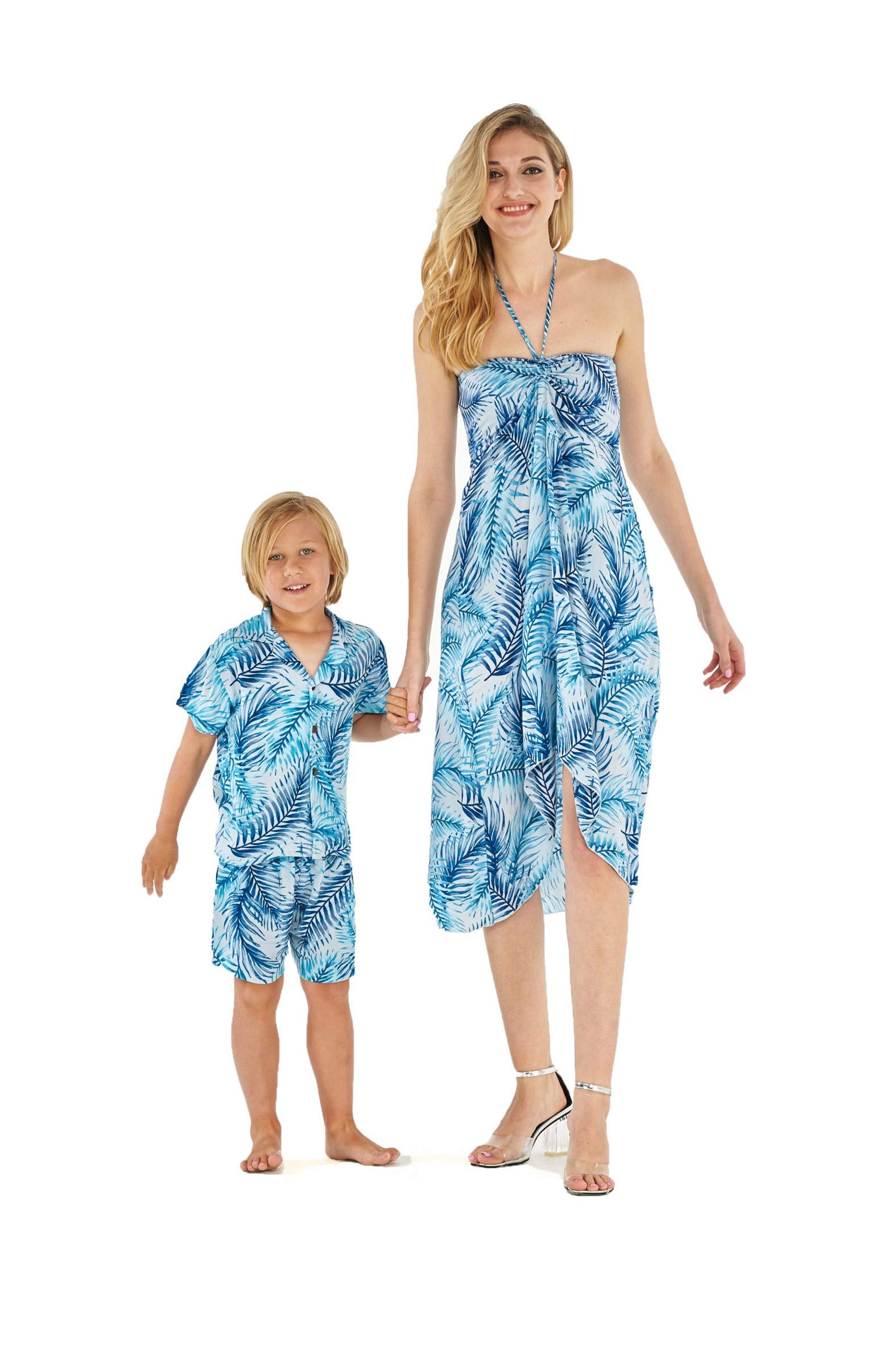 Matching Mother and Son Hawaiian Luau Outfits - Tropical Blue Leaf Print Aloha Shirt & Dress Set for Family Beach Vacation, Summer Party, and Hawaiian Theme Events
