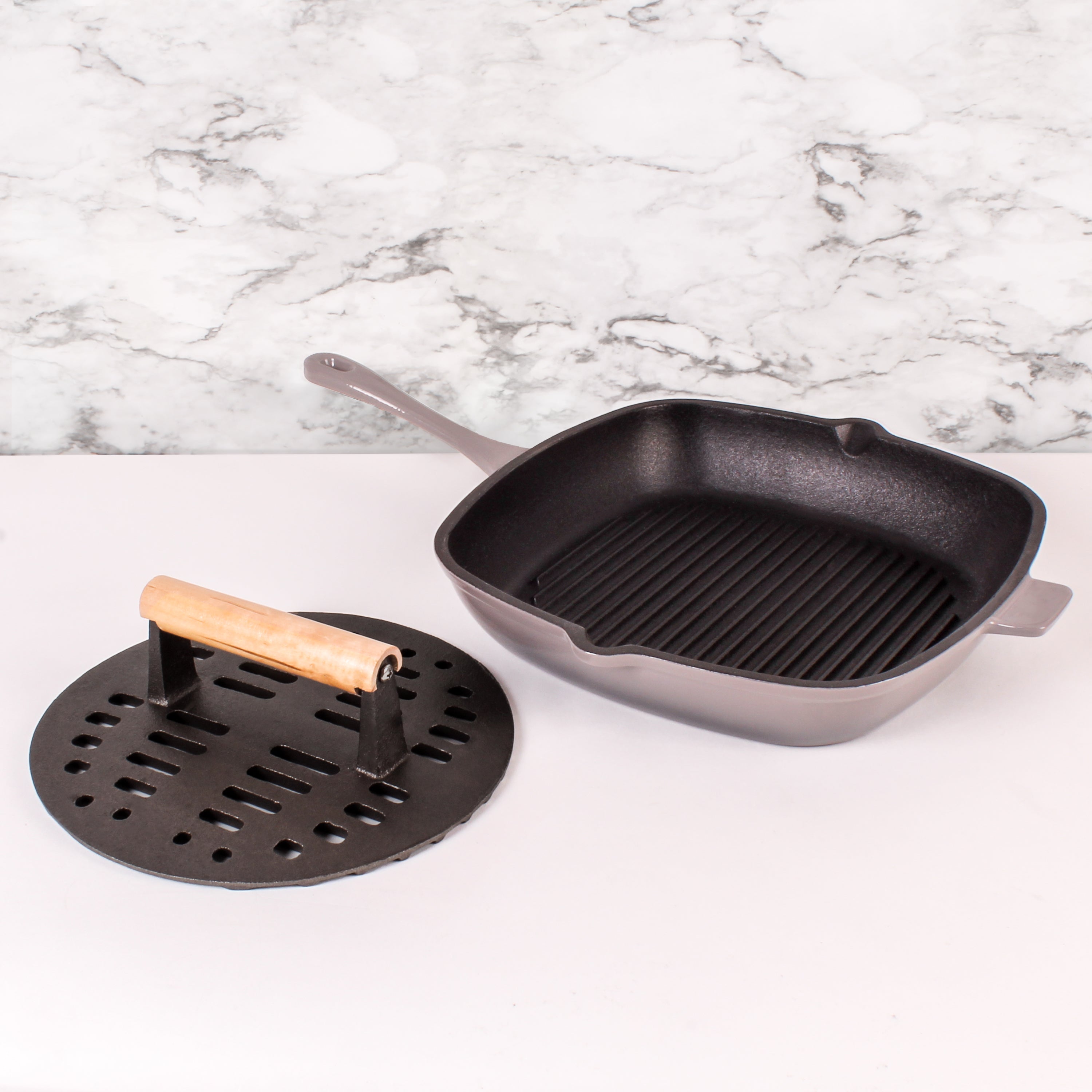BergHOFF Neo 2-Piece Cast Iron Grill Pan Set with Slotted Steak Press - 11 Inch Nonstick Griddle for Steak, Burgers & Oysters - Perfect for Indoor/Outdoor Grilling, BBQ & Camping Cooking