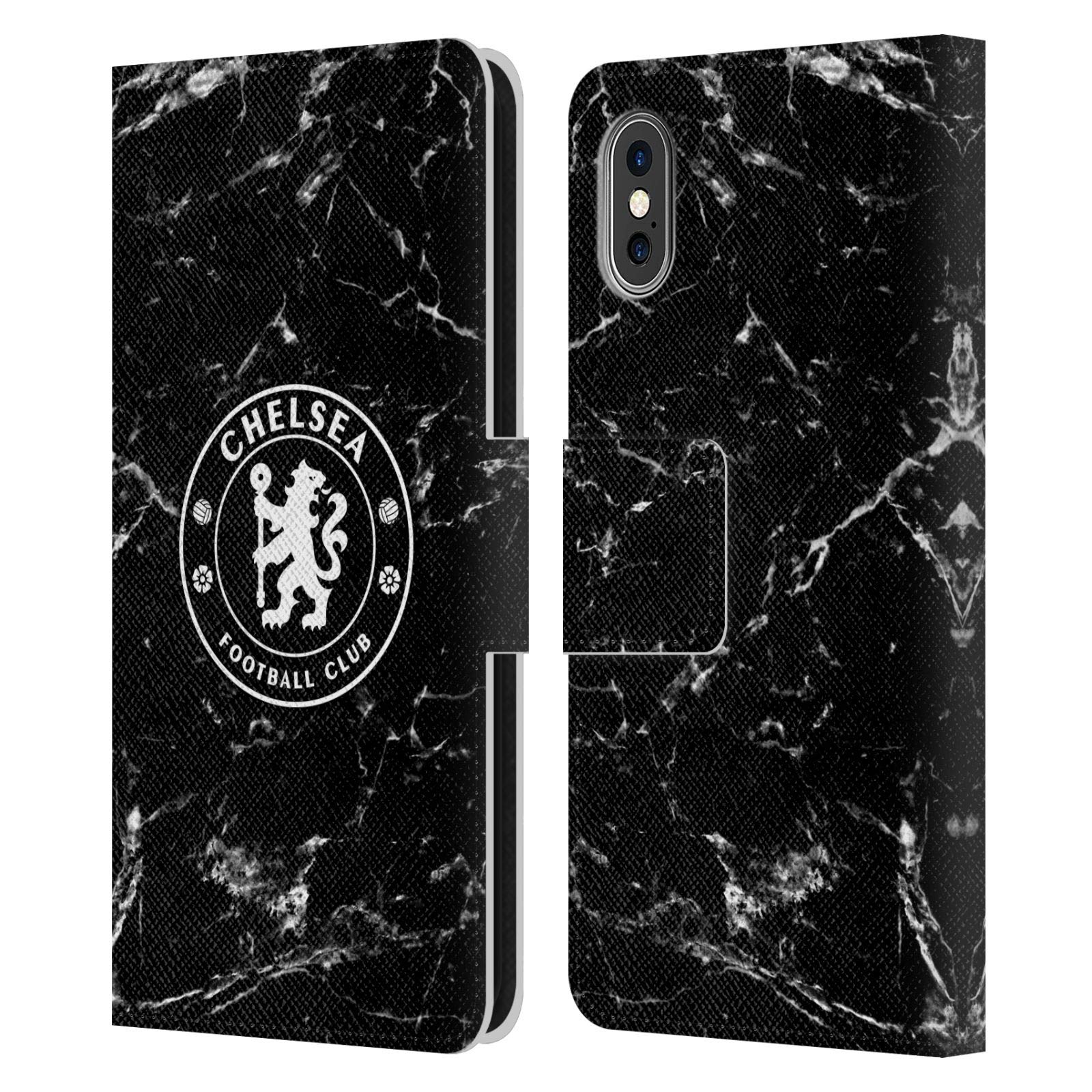 Officially Licensed Chelsea FC Black Marble Leather Phone Case for iPhone X/Xs - Premium Flip Book Cover with Club Crest | Perfect for Soccer Fans & Match Days