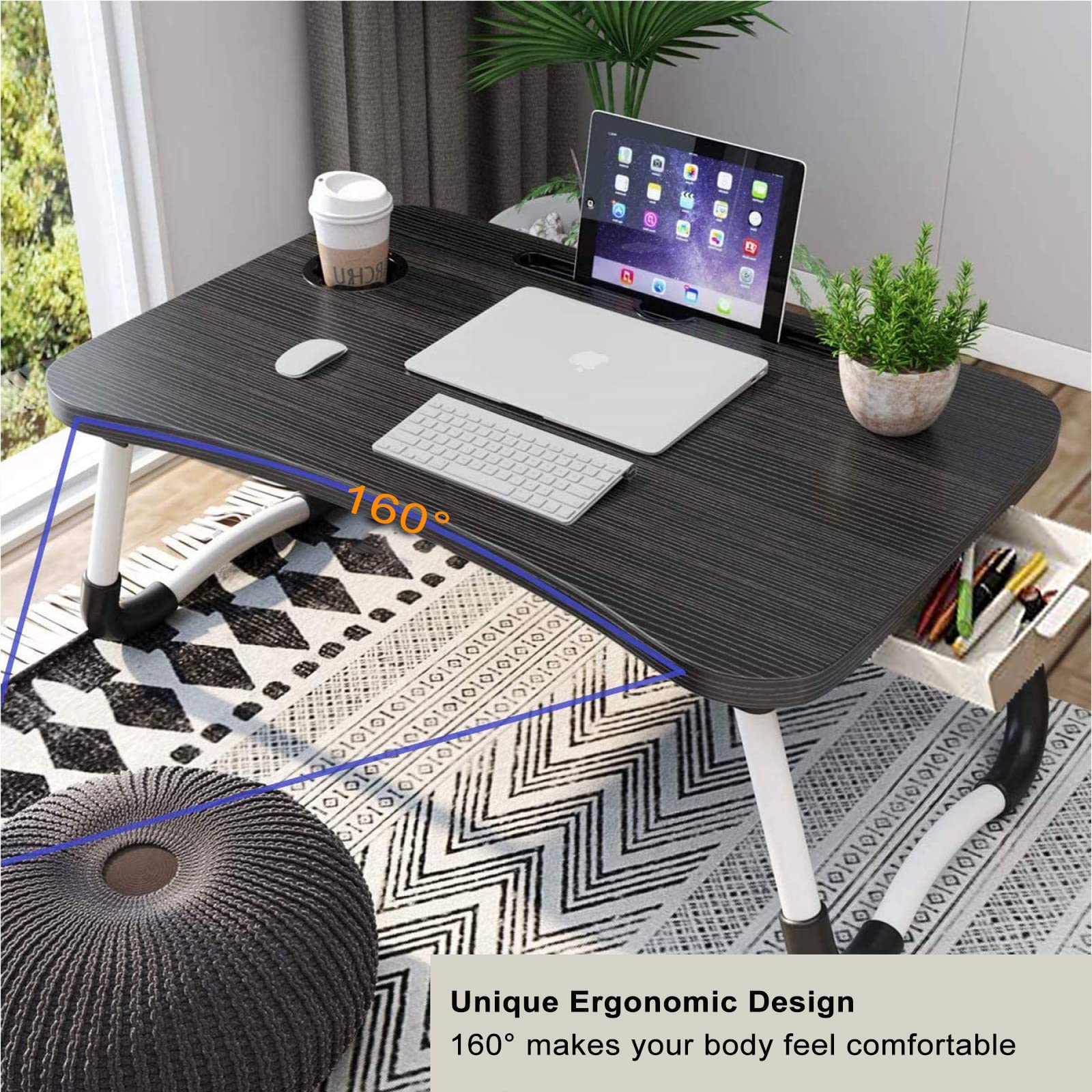 EAQ Foldable Laptop Bed Tray Table with Cup Holder, Storage Drawer & Bookshelf - Portable Work Desk for Bed, Couch or Sofa - Perfect for Working, Reading, Eating or Watching Movies in Bed (Black)