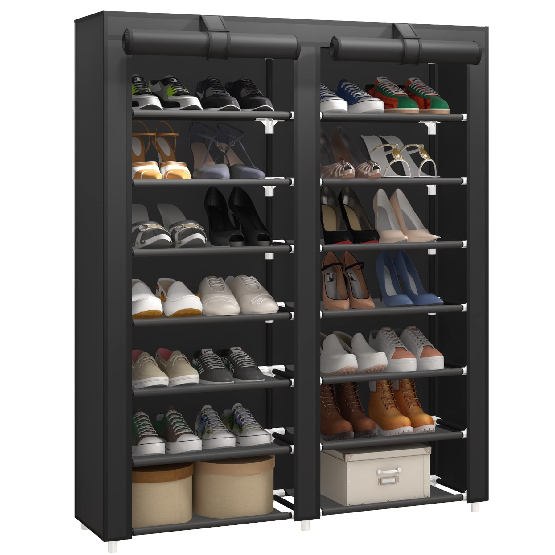 JIUYOTREE 7-Tier Shoe Rack Organizer - Large Capacity Double Row Shoe Storage Cabinet with Non-Woven Fabric Cover - Space Saving Closet Shelf for Entryway, Bedroom & Dorm Organization (Black)