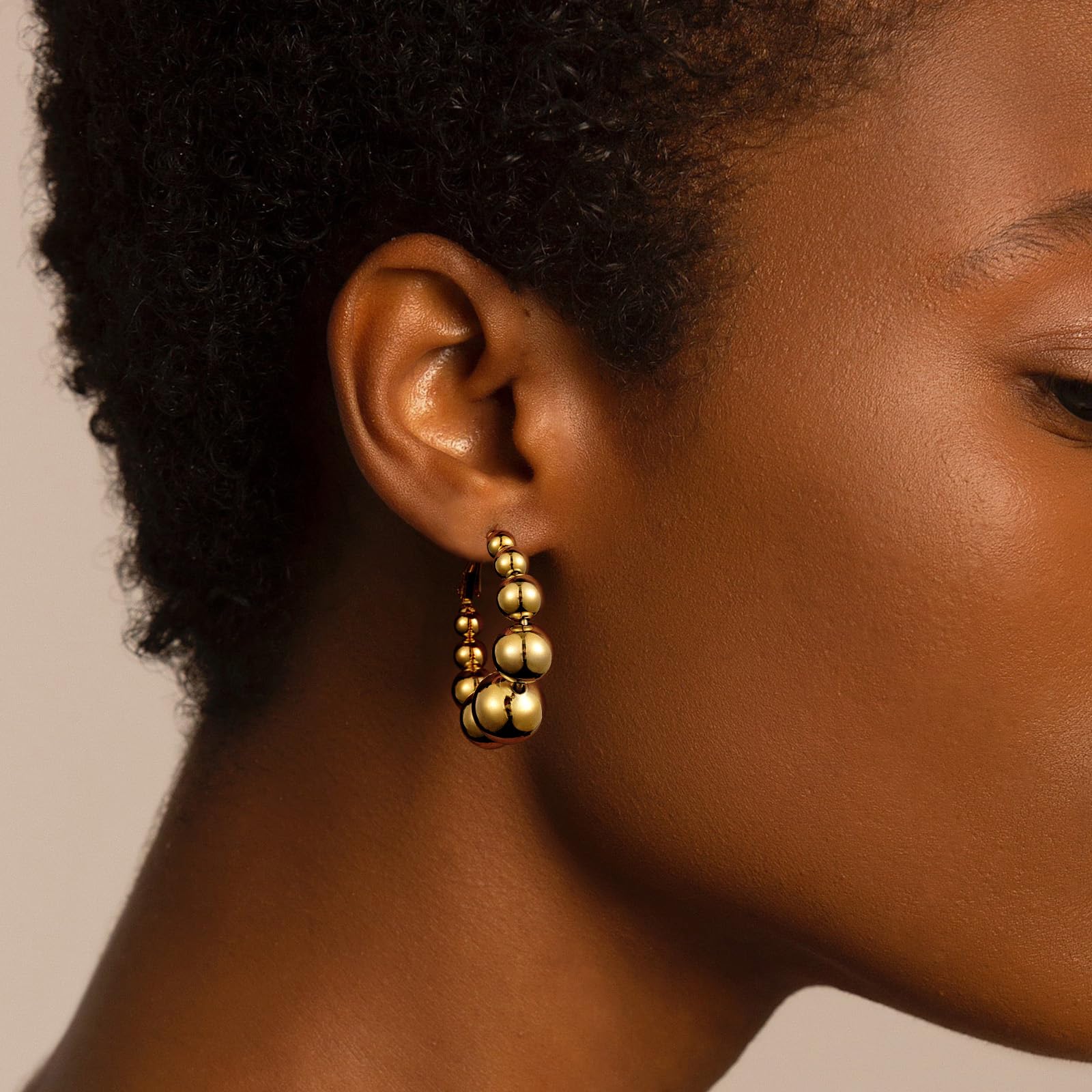 14K Gold Plated Beaded Hoop Earrings for Women - Lightweight Chunky Statement Huggie Earrings with Round Ball Drop - Dainty Jewelry Gift for Her - Perfect for Parties, Weddings & Everyday Wear