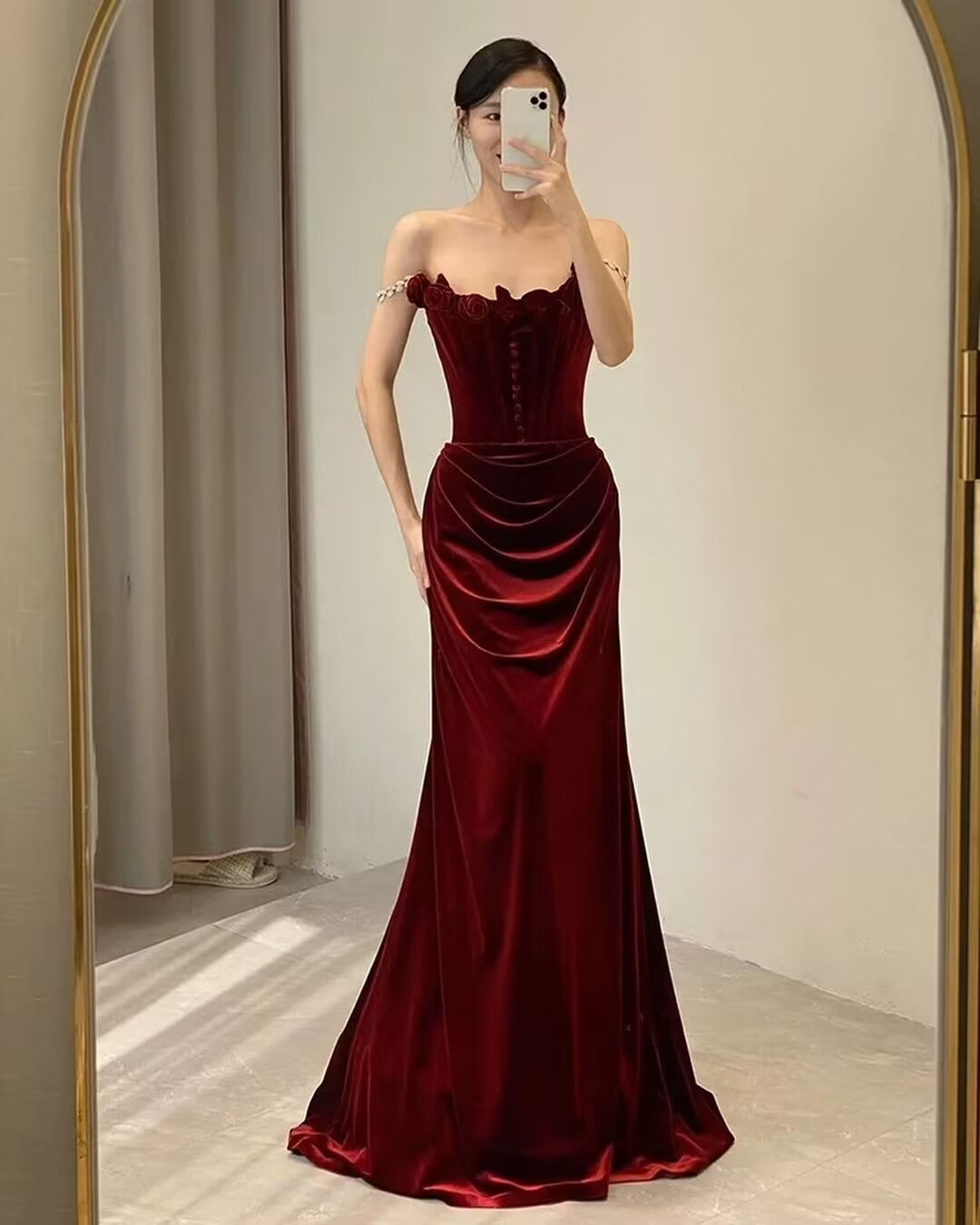 Burgundy Velvet Off The Shoulder Mermaid Prom Dress - Elegant Long Sleeve Formal Gown for Homecoming, Evening Party & Special Occasions