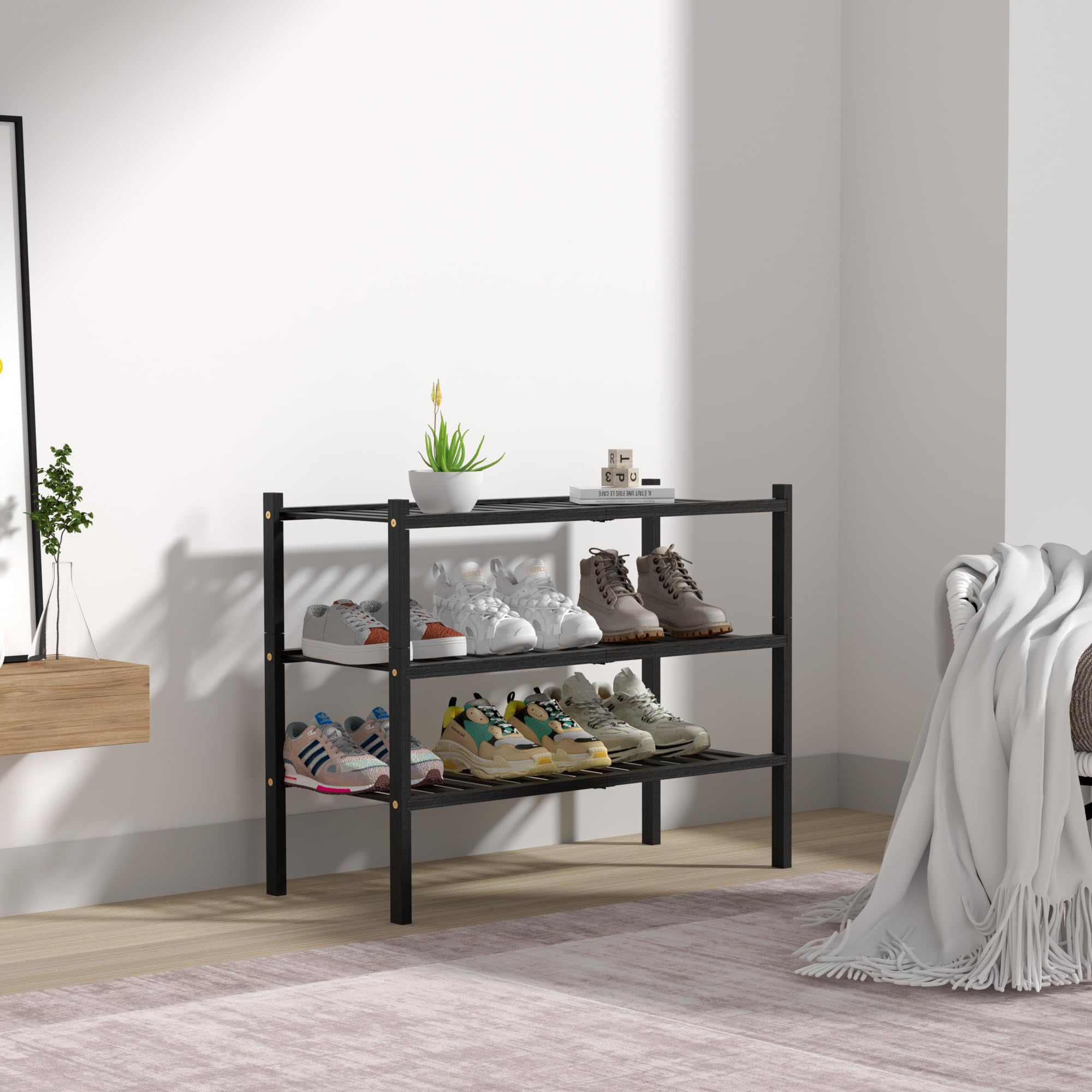 3-Tier Bamboo Shoe Rack Organizer - Free Standing Wooden Shoe Shelf for Closet, Entryway & Small Spaces - Stackable Storage (27