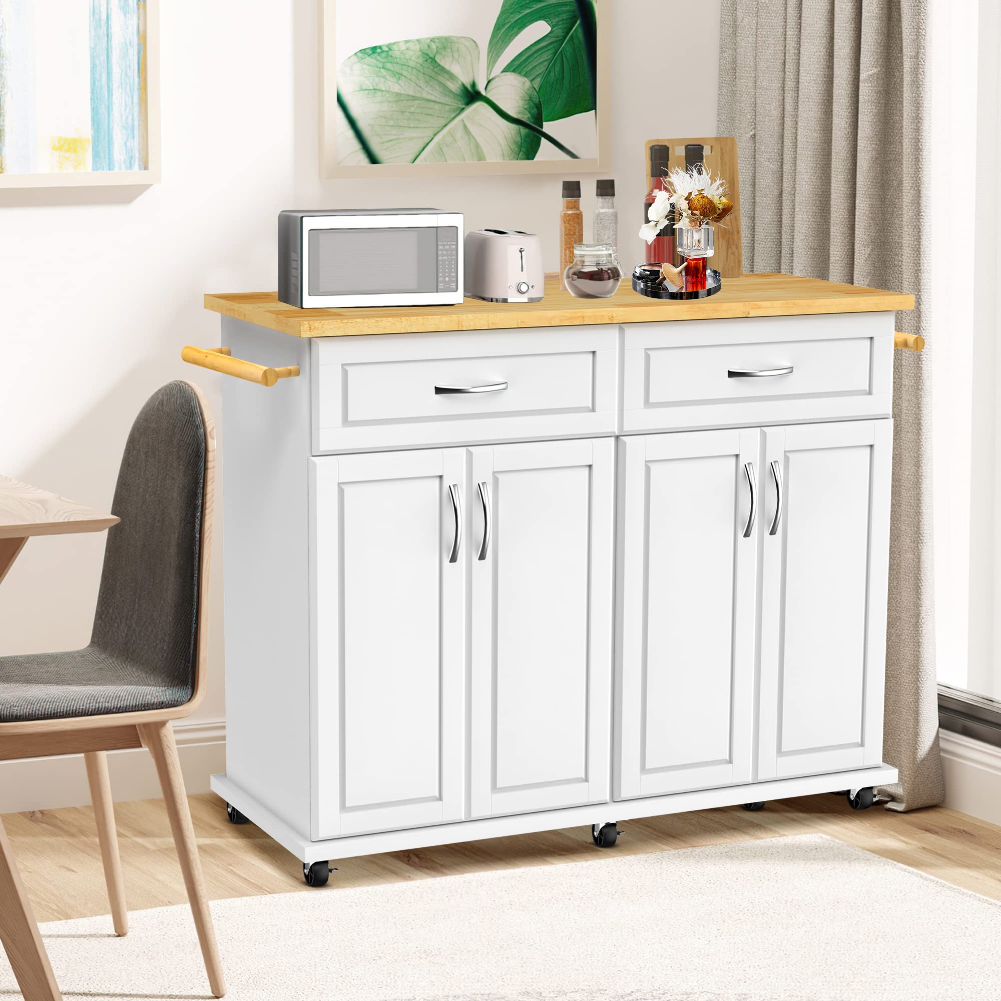 White Kitchen Island Cart with Storage Cabinet & Drawer - 48