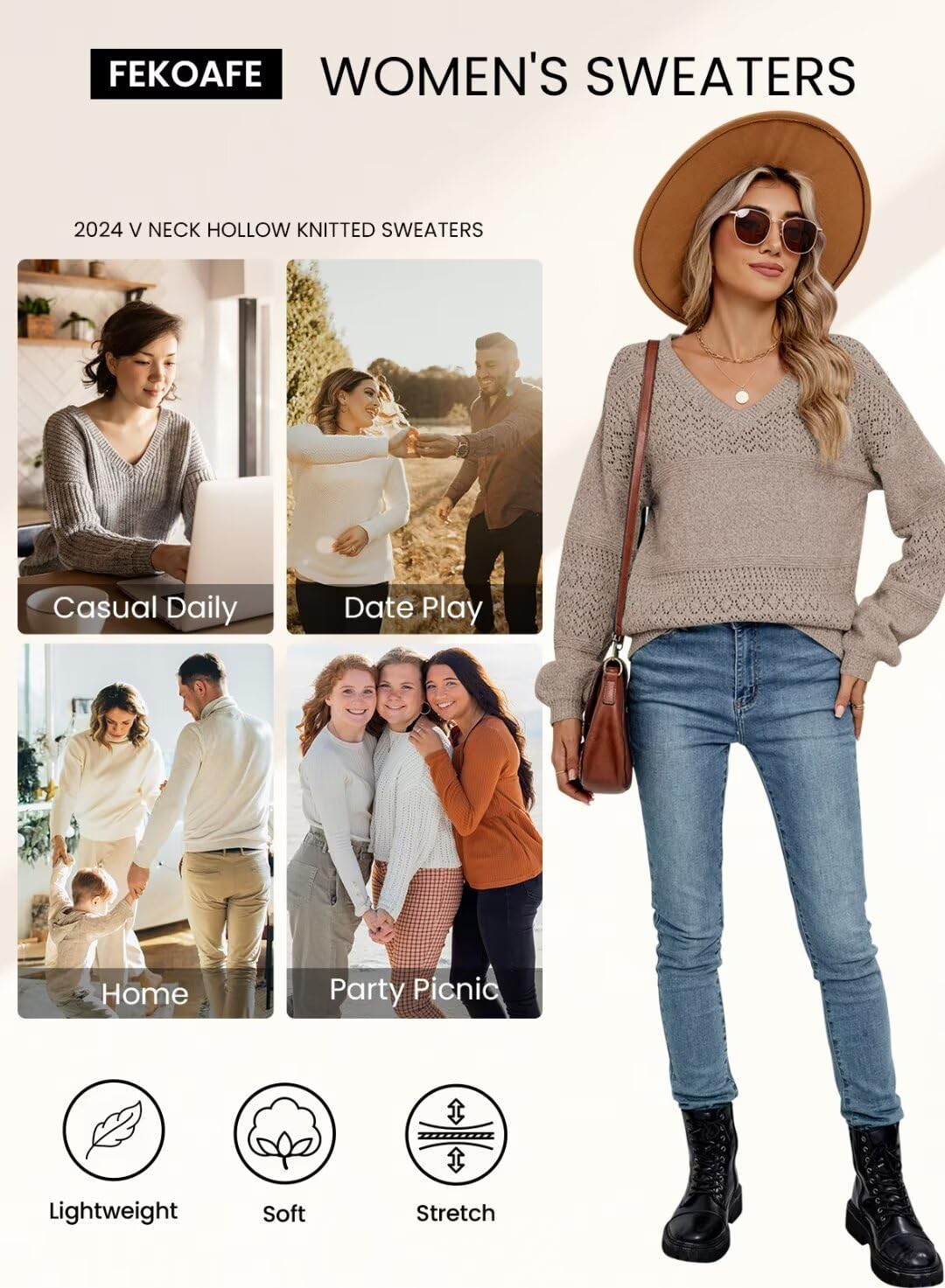 FEKOAFE Women's V-Neck Long Sleeve Hollow Knit Sweater - 2025 Fall Fashion Pullover for Women | Casual Office Wear & Autumn Layering