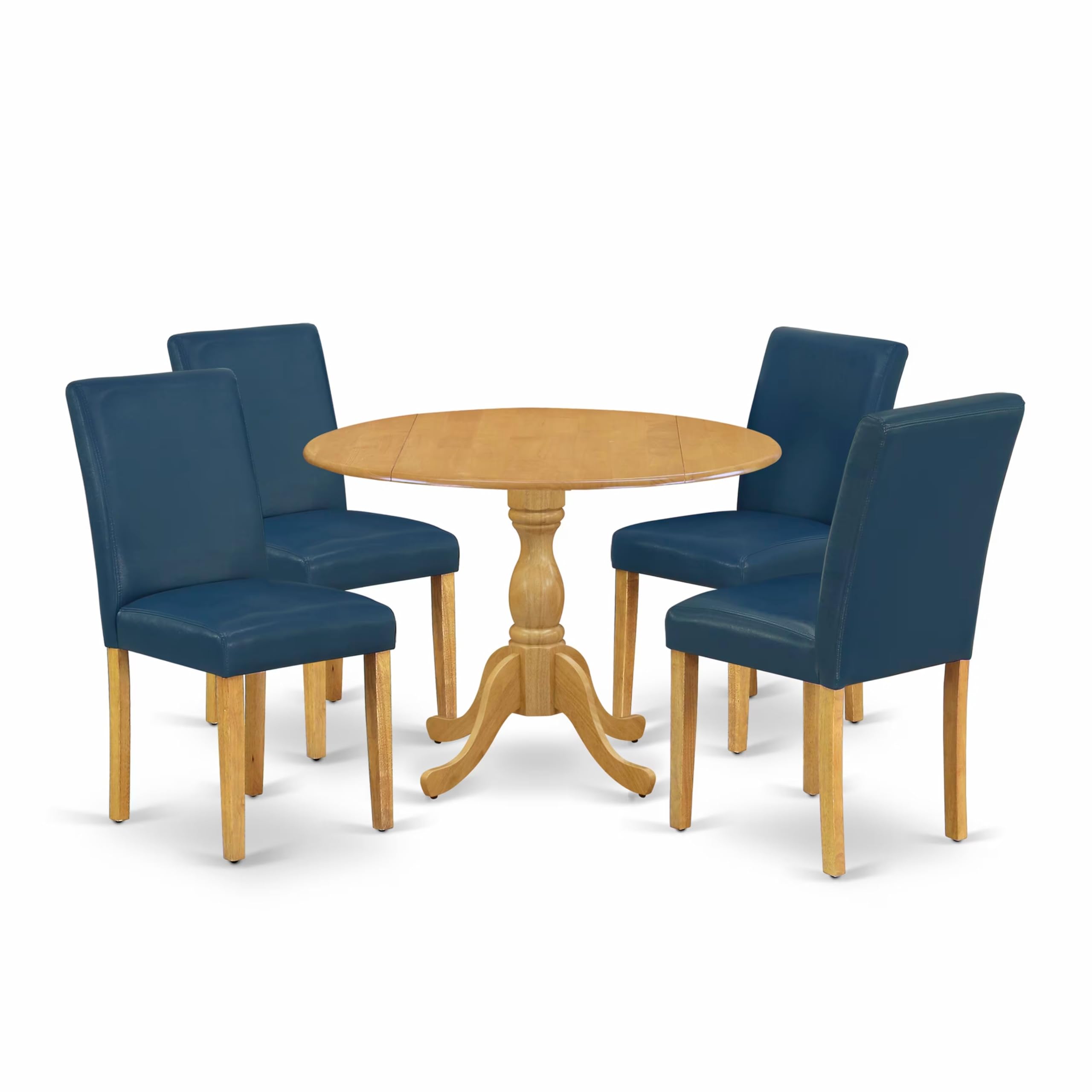 East West Furniture 5-Piece Dining Set with Round Drop-Leaf Table & 4 Oasis Blue Faux Leather Chairs - 42x42 Inch Oak Finish - Perfect for Small Spaces, Breakfast Nooks & Cozy Apartments