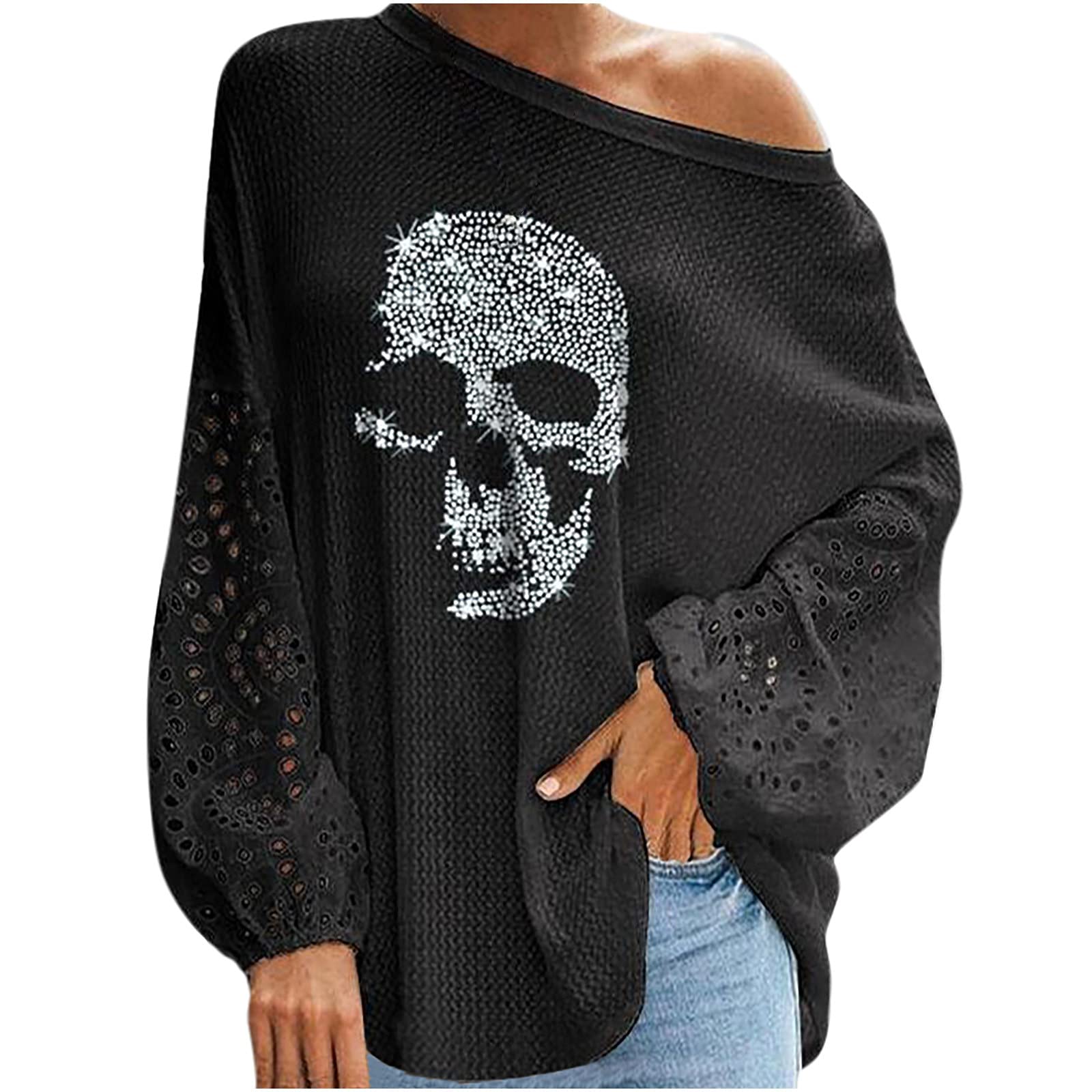 Gothic Rhinestone Skull Shirts for Women - Lace Crochet Oversized Blouse with Puff Sleeves, Waffle Knit Slouchy Pullover Top | Perfect for Halloween, Rock Concerts & Gothic Fashion Outfits