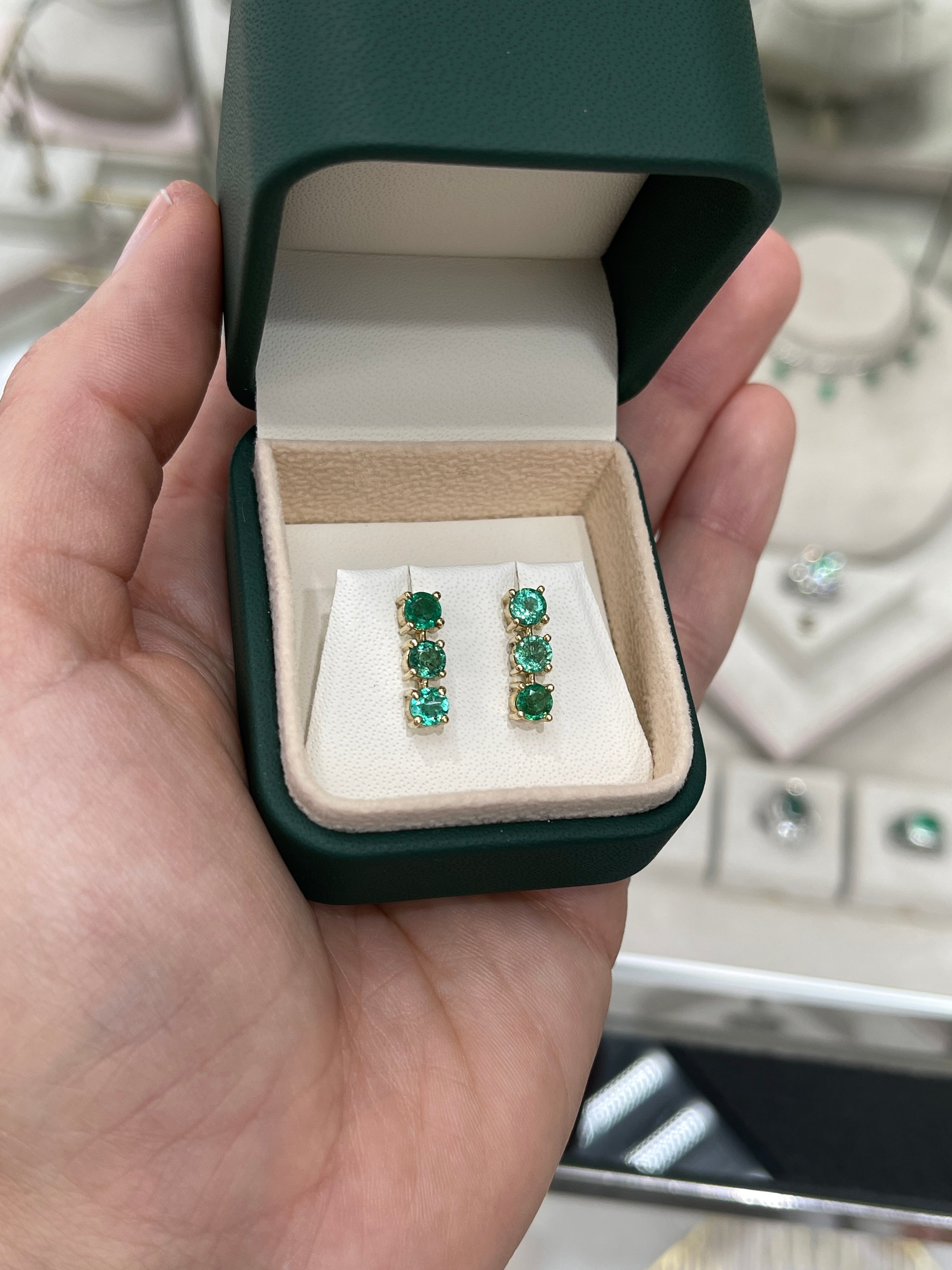 1.80TCW Natural Round Emerald Drop Earrings in 14K Yellow Gold - Lightweight Dangle Studs for Women - Perfect for Weddings, Parties & Special Occasions