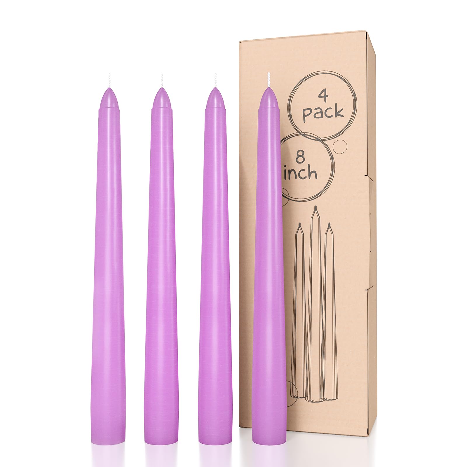 Dripless 8 Inch Taper Candles Set of 4 - Unscented Candlesticks for Dinner & Home Decor - Lavender Colored Household Candles - Perfect for Romantic Dinners, Weddings, and Holiday Centerpieces