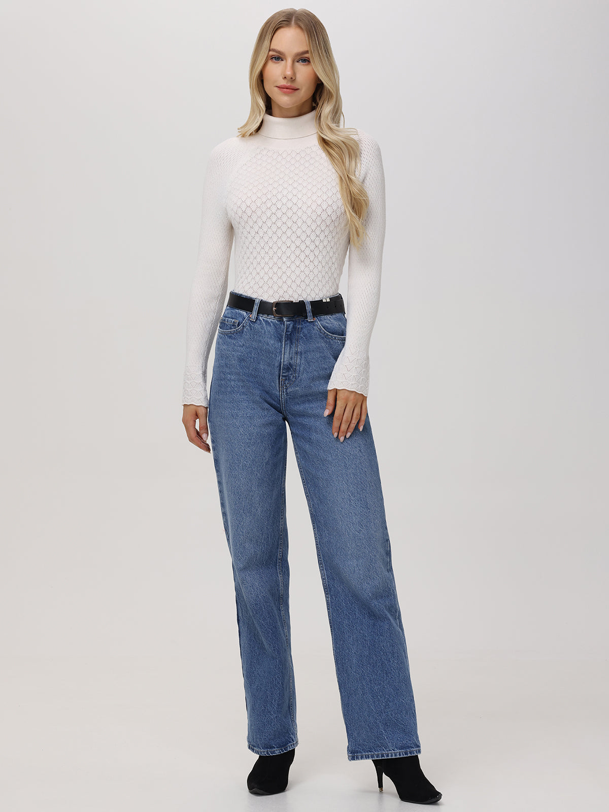 Violet Lace Stitch Turtleneck Sweater for Women - Elegant Long Sleeve Knit Pullover for Fall & Winter, Perfect for Office, Date Night and Casual Outfits