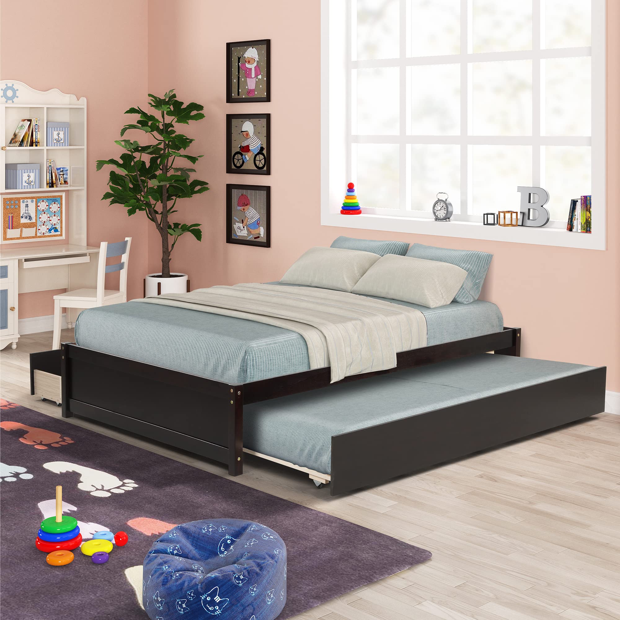 **Espresso Wood Platform Bed Frame with Trundle & Storage Drawers - Full Size Captain Bed for Kids, Teens & Adults - Perfect for Small Bedrooms, Guest Rooms & Dormitories**