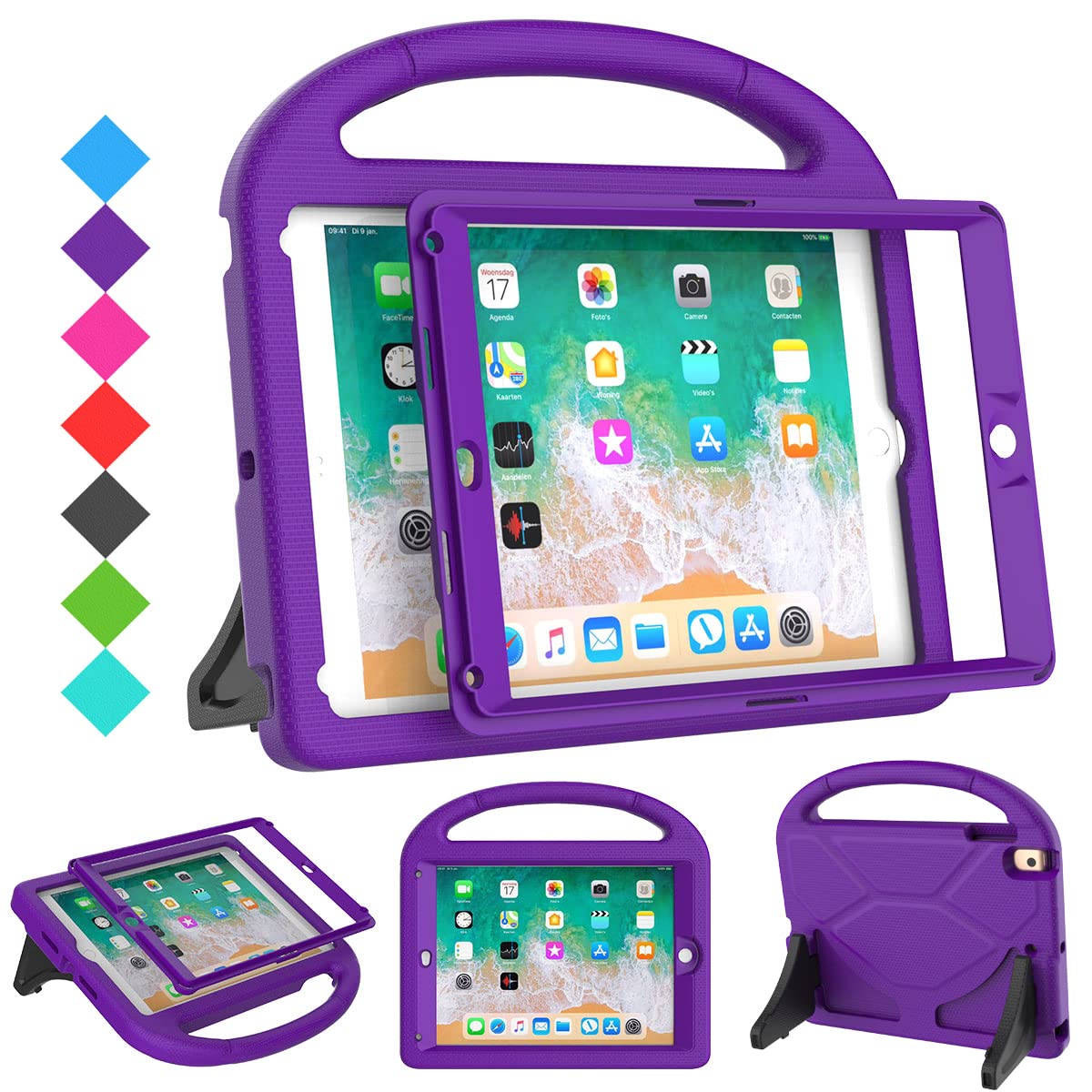 SUPLIK Kids Protective Case for iPad 5th/6th Generation (9.7 inch 2017/2018), iPad Air 1/2 & iPad Pro 9.7 - Shockproof Lightweight Cover with Built-in Handle Stand & Screen Protector - Purple - Perfect for School, Travel & Home Use